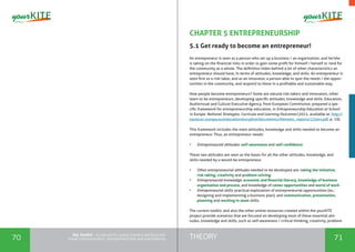 70 71THEORYthe Toolkit - A manual for young trainers working with
visual communication, entrepreneurship and volunteering
CHAPTER 5 ENTREPRENEURSHIP
5.1 Get ready to become an entrepreneur!
An entrepreneur is seen as a person who set up a business / an organization, and he/she
is taking on the financial risks in order to gain some profit for himself / herself or /and for
the community as a whole. The definition hides behind a lot of other characteristics an
entrepreneur should have, in terms of attitudes, knowledge, and skills. An entrepreneur is
seen first as a risk-taker, and as an innovator, a person able to spot the needs / the oppor-
tunities in the community, and respond to these in a profitable and sustainable way.
How people become entrepreneurs? Some are natural risk-takers and innovators, other
learn to be entrepreneurs, developing specific attitudes, knowledge and skills. Education,
Audiovisual and Culture Executive Agency, from European Commission, prepared a spe-
cific framework for entrepreneurship education, in Entrepreneurship Education at School
in Europe. National Strategies, Curricula and Learning Outcomes (2012, available at: http://
eacea.ec.europa.eu/education/eurydice/documents/thematic_reports/135en.pdf, p. 19).
This framework includes the main attitudes, knowledge and skills needed to become an
entrepreneur. Thus, an entrepreneur needs:
•	 Entrepreneurial attitudes: self-awareness and self-confidence
These two attitudes are seen as the bases for all the other attitudes, knowledge, and
skills needed by a would-be entrepreneur.
•	 Other entrepreneurial attitudes needed to be developed are: taking the initiative,
risk taking, creativity and problem solving.
•	 Entrepreneurial knowledge: economic and financial literacy, knowledge of business
organisation and process, and knowledge of career opportunities and world of work.
•	 Entrepreneurial skills: practical exploration of entrepreneurial opportunities (ex.:
designing and implementing a business plan), and communication, presentation,
planning and working in team skills.
The current toolkit, and also the other online resources created within the yourKITE
project provide scenarios that are focused on developing most of these essential atti-
tudes, knowledge and skills, such as self-awareness / critical thinking, creativity, problem
 