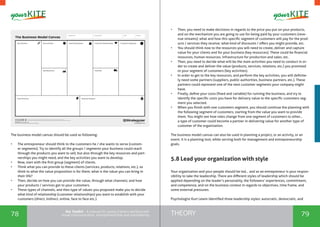 78 79THEORYthe Toolkit - A manual for young trainers working with
visual communication, entrepreneurship and volunteering
The Business Model Canvas
DesigneD by: Strategyzer AG
The makers of Business Model Generation and Strategyzer
This work is licensed under the Creative Commons Attribution-Share Alike 3.0 Unported License. To view a copy of this license, visit:
http://creativecommons.org/licenses/by-sa/3.0/ or send a letter to Creative Commons, 171 Second Street, Suite 300, San Francisco, California, 94105, USA.
strategyzer.com
Revenue Streams
Customer SegmentsValue PropositionsKey ActivitiesKey Partners
Cost Structure
Customer Relationships
Designed by: Date: Version:Designed for:
ChannelsKey Resources
The business model canvas should be used as following:
•	 The entrepreneur should think to the customers he / she wants to serve (custom-
er segments). Try to identify all the groups / segments your business could reach
through the products you want to sell, but also through the key resources and part-
nerships you might need, and the key activities you want to develop.
•	 Now, start with the first group (segment) of clients.
•	 Think what you can provide to these clients (services, products, relations, etc.), so
think to what the value proposition is for them; what is the value you can bring in
their life?
•	 Then, decide on how you can provide the value, through what channels; and how
your products / services get to your customers.
•	 These types of channels, and thes type of values you proposed make you to decide
what kind of relationship (customer relationships) you want to establish with your
customers (direct, indirect, online, face to face etc.).
•	 Then, you need to make decisions in regards to the price you put on your products,
and on the mechanism you are going to use for being paid by your customers (reve-
nue streams); what and how this specific segment of customers will pay for the prod-
ucts / services they receive; what kind of discounts / offers you might provide, etc.
•	 You should think now to the resources you will need to create, deliver and capture
value for your clients and for your business (key resources). These could be financial
resources, human resources, infrastructure for production and sales, etc.
•	 Then, you need to decide what will be the main activities you need to conduct in or-
der to create and deliver the value (products, services, relations, etc.) you promised
to your segment of customers (key activities).
•	 In order to get to the key resources, and perform the key activities, you will definite-
ly need some partners (suppliers, public authorities, business partners, etc.). These
partners could represent one of the next customer segments your company might
have.
•	 Finally, define your costs (fixed and variable) for running the business, and try to
identify the specific costs you have for delivery value to the specific customers seg-
ment you selected.
•	 When you finish with one customers segment, you should continue the planning with
the following segment of customers, starting from the value you want to provide
them. You might see how roles change from one segment of customers to other…
a type of customer could become a partner in delivering value for another type of
customer of the organization.
The business model canvas can also be used in planning a project, or an activity, or an
event. It is a planning tool, while serving both for management and entrepreneurship
goals.
5.8 Lead your organization with style
Your organization and your people should be led… and as an entrepreneur is your respon-
sibility to take the leadership. There are different styles of leadership which should be
applied depending on the leader’s personality, the followers’ experiences, commitment,
and competence, and on the business context in regards to objectives, time frame, and
some external pressures.
Psychologist Kurt Lewin identified three leadership styles: autocratic, democratic, and
 