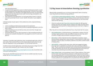 98 99THEORYthe Toolkit - A manual for young trainers working with
visual communication, entrepreneurship and volunteering
skills and predispositions,
•	 non-governmental organisations active in a field of professional activation, counter-
acting unemployment and supporting entrepreneurship. To find one in your neigh-
bourhood please visit a data base on the biggest Polish portal for non-governmental
organisations http://bazy.ngo.pl/ and choose: counteracting unemployment, sup-
porting entrepreneurship,
•	 other institutions and organisations, as a local public library if there is a need for
such activity and funds to cover its costs. Seek for information in your neighbour-
hood.
In Romania people can get support in their professional careers using the following
resources:
•	 career counselling provided by the local agencies for employment;
•	 career counselling provided by NGOs focused on helping young people to enter the
labour market;
•	 career counselling services provided by schools, and universities, through career
offices or career centers;
•	 specialized websites, such as: http://testcariera.ro/, http://consilieresiorientare.ro/;
•	 recently, some companies developed their own programs or center for career man-
agement.
In Norway is is possible to get professional career counselling through career centers in
each county. These centers are free to use for anyone above 19 years old and you get
help with mapping your skills, putting together a CV and finding related jobs.
In addition almost all of the high schools, universities and university colleges have their
own career senters available for their students, also free of charge.
https://utdanning.no/tema/hjelp_og_veiledning/karrieresentre has a list of links to the
institutions mentioned above.
There are also other NGOs and local institutions that are available especially for young
people like http://www.unginfo.oslo.no/
7.5 Key issues to know before choosing a profession
What we really recommend to you, is to let your young audience aware of some key
issues they should know before choosing a profession.
•	 It’s up to them to decide what profession to choose - because their life depends on
this decision! It may happen that their family or friends would like them to become
a doctor, a lawyer, a farmer, a manager of the family business, etc. But they should
search for their own way.
•	 Choice of a profession don’t have to be a choice for a whole life. With age their
interests and values will change, external conditions will change, thus they should
keep flexibility and be opened for making something new, even hard to imagine or
inexistent now.
When they will be considering their professional future, they should take into account:
•	 their predispositions, so inherited features as temperament or abilities, that may
working in a given profession make more difficult or easier (as reasoning, spatial
orientation, strength, body coordination, hearing sensitivity, etc.),
•	 their values, so what is important for them: independence, acceptance, respect,
harmony, beauty, helping others, family, money, etc. Some professions enable imple-
mentation of precise values, for example a profession of an elderly caretaker enable
of helping others,
•	 their interests, so what activities attract them, make them engaged and happy.
Encourage them to undertake new activities and to take experience in different
fields – may be some fields are waiting for them to be discovered? Recommend them
to become volunteers and use your own volunteering experience (if you have it) to
show them how volunteering can contribute to personal development,
•	 labour market trends, so real possibilities to work in a given profession. They should
look for trends concerning professions they have in mind and check which profes-
sions are dying professions, so for which professionals it will be very hard or impossi-
ble to find job, and which are deficit professions (they are very likely to find job now)
or future professions (it is predictable that such professionals will easily find job in
 