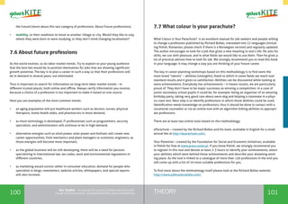 100 101THEORYthe Toolkit - A manual for young trainers working with
visual communication, entrepreneurship and volunteering
the future) (more about this last category of professions: About future professions),
•	 mobility, so their readiness to move to another village or city. Would they like to stay
where they were born or were studying, or they don’t mind changing localization?
7.6 About future professions
As the world evolves, so do labor market trends. Try to explain to your young audience
that the best bet would be to position themselves for jobs that are showing significant
growth potential. The key is to plan a career in such a way so that their professions will
be in demand in several years, not eliminated.
Thus is important to search for information on long-term labor market trends – in
different trusted places, both online and offline. Always verify information you receive,
because a choice of a profession is too important to make it based on one source.
Here you are examples of the most common trends:
•	 an aging population will put healthcare workers such as doctors, nurses, physical
therapists, home health aides, and pharmacists in more demand,
•	 as more technology is developed, IT professionals such as programmers, security
specialists, and administrators will continue to be in high demand,
•	 alternative energies such as wind power, solar power and biofuels will create new
career opportunities, from mechanics and plant managers to scientists, engineers, as
those energies will become more important,
•	 as the global business will be still developing, there will be a need for persons
specializing in international law, tax codes, work and environmental regulations in
different countries,
•	 as marketing would consist rather in consumer education, demand for people who
specialize in blogs, newsletters, website articles, whitepapers, and special reports
will also increase.
7.7 What colour is your parachute?
What Colour is Your Parachute? is an excellent manual for job-seekers and people willing
to change a profession published by Richard Bolles, translated into 21 languages (includ-
ing Polish, Romanian, please check if there is a Norwegian version) and regularly updated.
The author encourages to look for a job that gives a new meaning to one’s life. He asks for
skills, we use with pleasure, and in what fields we would like to use them. Then he gives a
lot of practical advices how to look for job. We strongly recommend you to read this book
in your language. It may change a way you are thinking of your future career.
The key in career planning workshops based on this methodology is to find owns the
most loved “talents” – abilities (strengths), thank to which in some fields we reach over
standard results and it gives us satisfaction. Abilities can be discovered while looking at
owns achievements. Everybody has achievements – it means results, we are particularly
proud of. They don’t have to be major successes as winning a competition. In a case of
junior secondary school pupils it could be, for example: being an organizer of an amazing
birthday party, taking very good care about owns dog and helping a classmate in a phys-
ics class test. Next step is to identify professions in which those abilities could be used.
Identification needs knowledge on professions, thus it should be done in contact with a
vocational counsellor or via an online tool with an algorithm linking abilities to appropri-
ate professions.
There are at least two online tools based on this methodology:
eParachute – created by the Richard Bolles and his team, available in English for a small
annual fee at http://eparachute.com/,
Your Potential – created by the Foundation for Social and Economic Initiatives, available
in Polish for free at www.praca-enter.pl. If you know Polish, we strongly recommend you
to register in this tool and devote at least 2-3 hours to identify your achievements, select
your abilities which were behind those achievements and describe your dreaming work-
ing place. As the tool is linked to a catalogue of more than 130 professions in the end you
will come up with a list of 10 most suitable professions for you.
To find more about the methodology itself please look at the Richard Bolles website:
http://www.jobhuntersbible.com/.
 