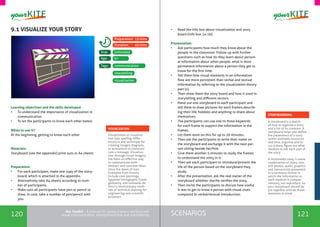 120 121SCENARIOSthe Toolkit - A manual for young trainers working with
visual communication, entrepreneurship and volunteering
9.1 VISUALIZE YOUR STORY
Learning objectives and the skills developed
•	 To understand the importance of visualization in
communication
•	 To let the participants to know each other better.
When to use it?
At the beginning, getting to know each other
Materials:
Storyboard (see the appendix) print outs or A4 sheets
Preparation:
•	 For each participant, make one copy of the story-
board, which is attached in the appendix.
•	 Alternatively take A4 sheets according to num-
ber of participants.
•	 Make sure all participants have pen or pencil to
draw. In case, take a number of pen/pencil with
you.
•	 Read the info box about visualization and story
board (info box 1a-1b).
Presentation:
•	 Ask participants how much they know about the
people in the classroom. Follow up with further
questions such as how do they learn about person-
al information about other people, what is most
permanent information about a person they get to
know for the first time.
•	 Tell them how visual elements in an information
flow are more persistent than verbal and textual
information by referring to the visualization theory
part (x).
•	 Then show them the story board and how it used in
storytelling and different sectors.
•	 Hand out one storyboard to each participant and
tell them to draw pictures for each frames describ-
ing their life, hobbies and anything to share about
themselves.
•	 The participants can use one to three keywords
for each frame to support the information in the
frames.
•	 Let them work on this for up to 20 minutes.
•	 Then ask the participants to write their name on
the storyboard and exchange it with the next per-
son sitting beside her/him.
•	 Give them another 5 minutes to study the frames
to understand the story in it.
•	 Then ask each participant to introduce/present the
life of the person based on the storyboard they
study.
•	 After the presentation, ask the real owner of the
storyboard whether she/he verifies the story.
•	 Then invite the participants to discuss how useful
it was to get to know a person with visual clues
compared to verbal/textual introduction.
VISUALIZATION
A storyboard is a sketch
of how to organize a story
and a list of its contents. A
storyboard helps you define
the parameters of a story
within available resources
and time, organize and fo-
cus a story, figure out what
medium to tell each part of
the story.
A multimedia story is some
combination of video, text,
still photos, audio, graphics
and interactivity presented
in a nonlinear format in
which the information in
each medium is comple-
mentary, not redundant. So
your storyboard should be
put together with all those
elements in mind.
Visualization or visualisa-
tion (see spelling differ-
ences) is any technique for
creating images, diagrams,
or animations to communi-
cate a message. Visualiza-
tion through visual imagery
has been an effective way
to communicate both
abstract and concrete ideas
since the dawn of man.
Examples from history
include cave paintings,
Egyptian hieroglyphs, Greek
geometry, and Leonardo da
Vinci’s revolutionary meth-
ods of technical drawing for
engineering and scientific
purposes.
STORYBOARDING
communication
Unlimited
6+
Tags:
Size:
Age:
Preparation: 15mins
Duration: 45mins
visualization
storytelling
 