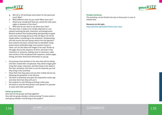 134 135SCENARIOSthe Toolkit - A manual for young trainers working with
visual communication, entrepreneurship and volunteering
g.	 Will 2D or 3D technique work better for this particular
story? Why?
h.	 What different shots do you need? What close-ups?
i.	 Attach your storyboard! Have you varied the scale, pace,
angle or whatever of the shots?
j.	 What else do you want to say about your idea?
•	 The story then is ready to be visually depicted as a sto-
ryboard outlining the plot, characters, and backgrounds.
Remind students that storyboarding and planning on paper
saves time and energy because they will figure out all the
details before committing to the animation. Storyboarding
will also ensure that each group selects the one approach
best suited to the basic concept they’ve identified. Using
poster board, preferably large, and a packet of post-it-
notes, sort out the ideas and images to be used. Divide up
the page, discuss the sequence of shots, and draw in key
transitions or moments, making notes as necessary. Label
each section of the storyboard with sequence, camera angle,
timing, and other directorial information as you go.
•	 Once groups have decided on the story they will be telling
and have created their storyboards, they need to begin gath-
ering their props, characters, and back drops to be ready to
film their animation. Ask them to use the materials you and
they bring in the workshop.
•	 Show them how they place and use their mobile devices by
following the guideline in the info box.
•	 Tell them to download and open the stopmotion studio app
and show them how they will use it.
•	 Ask students to start filming according to their plan.
•	 Ask them to save the final product and upload it to youtube
to share with other participants
Follow up questions:
How well are the groups working together?
How well are group members communicating? To what extent is
each group member contributing to the project?
Possible Variations:
The workshop can be divided into two to three parts in case of
limited time.
Resources on the topic:
http://yourkite.org/toolkit/motion-your-story
 