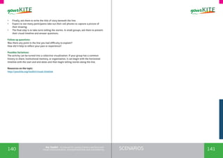 140 141SCENARIOSthe Toolkit - A manual for young trainers working with
visual communication, entrepreneurship and volunteering
•	 Finally, ask them to write the title of story beneath the line.
•	 Expect to see many participants take out their cell phones to capture a picture of
their drawing.
•	 The final step is to take turns telling the stories. In small groups, ask them to present
their visual timeline and answer questions.
Follow up questions:
Was there any point in the line you had difficulty to explain?
How did it help to reflect your past or experience?
Possible Variations:
The activity can be turned into a collective visualization. If your group has a common
history to share, institutional memory, or organization, it can begin with the horizontal
timeline with the start and end dates and then begin telling stories along the line.
Resources on the topic:
http://yourkite.org/toolkit/visual-timeline
 