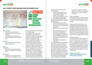 148 149SCENARIOSthe Toolkit - A manual for young trainers working with
visual communication, entrepreneurship and volunteering
10.2 START YOUR BUSINESS WITH A PAPER CLIP
When to use it?
•	 evaluating creative potential;
•	 enhancing out of the box thinking/
attitudes;
•	 understanding how creativity and
innovation helps in business develop-
ment.
Materials:
•	 pens, sticky notes, flipchart papers,
markers, paper clips
How?
Preparation:
•	 Read the short presentation of the
Alternative Uses Test from the appen-
dix X.
Presentation:
•	 Initiate the discussion by asking the
participants for a definition for “cre-
ativity”, and write down their answers
on a flipchart paper.
•	 Then, ask them what are the main
things /aspects that one person
should have in order to be considered
creative. The same, write down their
answers on the flipchart paper.
•	 Give to each participant a paper clip
and many sticky notes, and then
give them three minutes to think to
as many as possible alternatives for
using a paper clip. For each idea they
should use a different sticky note.
•	 Then, ask the participants to stick their
ideas on a flipchart paper, while pre-
senting them. For each new partici-
pant, ask them to stick on the flipchart
paper only the new ideas, something
that was not previously mentioned.
•	 After all the ideas are on the flipchart,
with the help of the participants, split
entrepreneurship
5-20
13+
Tags:
Size:
Age:
Preparation: 30mins
Duration: 45mins
thinking outside the box
creativity
alternative use
the ideas from the sticky notes in
three categories:
•	 They use the clip paper as it is;
•	 They change something in the
design of the clip paper;
•	 They add a new object to the clip
paper creating a new product.
•	 Moreover, analyse together with the
participants the ideas from the follow-
ing perspectives:
•	 Fluency (how many uses each
person found in comparison with
the total number of uses found by
the group);
•	 Originality (how unusual one idea
is);
•	 Flexibility (how many areas the
idea covers; for instance, if a
person mentioned the idea of
using clip papers as earrings, and
also as parts of a necklace, then
the person covered just one area
of activity);
•	 Elaboration (how detailed the
ideas were).
•	 Ask the participants how they reached
these ideas, and then introduce the
idea that creativity can be trained,
through daily exercises like this one.
•	 Now, ask the participants why creativ-
ity could be important in business.
Based on their answers, explain them
that it is not enough to be creative, to
think outside the box, but it is equally
important to be able to put in practice
the creativity for solving problems
in the community, for responding
to need or to respond to business
opportunities. Thus, the creative ideas
need to be put in practice through
innovation.
Follow-up questions:
Ask the participants to share what happen
once they saw the others’ ideas on how to
use a paper clip. Did they get more ideas
as well?
By looking at the alternative uses the
participants found, ask them how many
alternative uses they found before they
actually started to get more creative in us-
ing a paper clip? What does this tell them?
Help them reach to the idea that it is very
important to keep challenging themselves,
and that the best ideas usually come later,
rather than at the beginning of the process.
Possible variations:
The chosen object for thinking alternative
uses can vary (a jar, a spoon, a balloon, a
chair, etc.). The scenario can be extended
with an additional activity in which you
split the participants in groups of five, and
ask the groups to prepare an ad / a poster
to sell an idea resulted from the previous
activity on how to use a paper clip. Then,
they should pitch their ideas for one min-
ute per group.
Resources on the topic:
http://yourkite.org/toolkit/start-your-
business-with-a-paper-clip
 