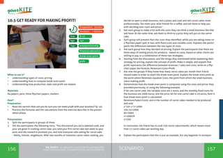 156 157SCENARIOSthe Toolkit - A manual for young trainers working with
visual communication, entrepreneurship and volunteering
10.5 GET READY FOR MAKING PROFIT!
When to use it? 	
•	 understanding types of costs, pricing
•	 understanding how to compute break-even point
•	 understanding how production, sales and profit are related
Materials:
A4 papers, pens, three flipchart papers, markers
How?
Preparation:
•	 Read the section How can you be sure you can make profit with your business? (p. xx)
•	 Practice the formulas and the calculations from the exercise describe in the presen-
tation phase.
Presentation:
1.	 Split the participants in groups of three.
2.	 Tell the participants the following story: “You discovered you are a talented cook, and
your are great in cooking carrot cake; you sold your first carrot cake last week to your
aunt, and she started to promote you, and now everyone calls asking for carrot cake
- family, friends, neighbours. After two months of intensive carrot cakes cooking, you
entrepreneurship
6-15
14+
Tags:
Size:
Age:
Preparation: 30mins
Duration: >60mins
financial education
break-even point
profit
decide to open a small business, rent a place and cook and sell carrot cakes more
professionally. You meet your wise friends for a coffee, and ask them to help you
with deciding over costs and prices”.
3.	 Ask each group to make a list with the costs they can think a small business like that
will have. At the same time, ask them to think to a price they will put on the carrot
cake.
4.	 Each group will present then the costs they identified, while you are taking notes on
a flipchart paper split in two, with fixed costs and variable costs. Explains the partici-
pants the differences between the two types of costs.
5.	 Ask each group how they decided on pricing. Explain the participants that there are
three ways of setting prices for products - based on costs, based on what clients are
willing to pay, or a combination of these two strategies.
6.	 Starting from the discussions, and the things they mentioned while explaining their
strategy for pricing, explain the concept of profit. Make it simple, and explain that
profit represents the difference between revenues / sales and costs; write on a flip-
chart paper the formula: Revenues-Costs=Profit.
7.	 Ask now the groups if they know how many carrot cakes per month their friend
should make in order to reach the break-even point. Explain the break-even point as
the point where Revenues equalize Costs, the point from which the small business
starts making profit.
8.	 Demonstrate how the break-even point is computed using the costs and prices they
provided previously, or using the following example:
If for one carrot cake, the variable costs are 2 euros, and the monthly fixed costs for
the business are 2000 euros; and the price set for one carrot cake is 10 euros, here is
how break-even point is calculated:
Revenues/Sales=Costs, and x=the number of carrot cakes needed to be produced
and sold
x*10= x*2+2000
10x-2x=2000
8x=2000
x=2000/8
x=250
In conclusion, the friend has to cook 250 carrot cakes/month; which means more
than 11 carrot cakes per working day.
9.	 Explain the participants that this is just an example, but any beginner in entrepre-
 