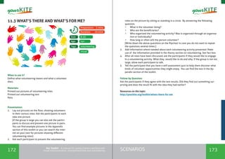 172 173SCENARIOSthe Toolkit - A manual for young trainers working with
visual communication, entrepreneurship and volunteering
11.3 WHAT’S THERE AND WHAT’S FOR ME?
When to use it? 	
Define what volunteering means and what a volunteer
does.
Materials:
Printed out pictures of volunteering roles
Printed out volunteering test
Pens
Presentation:
1.	 Lay out pictures on the floor, showing volunteers
in their various roles. Ask the participants to each
take one picture.
[If the group is large you can also ask the partici-
pants to discuss and present one picture in pairs.
You can find example pictures in the Appendix
section of this toolkit or you can search the inter-
net on your own for pictures showing different
volunteering roles]
2.	 Ask each participant to present the volunteering
volunteering
8-20
14+
Tags:
Size:
Age:
Preparation: 2 mins
Duration: 25mins
visual
roles on the picture by sitting or standing in a circle. By answering the following
question.
•	 What is the volunteer doing?
•	 Who are the beneficiaries?
•	 Who organized the volunteering activity? Was is organized through an organiza-
tion or individually?
•	 How long or often will the person volunteer?
[Write down the above questions on the flipchart in case you do not want to repeat
the questions several times.]
3.	 Add information where needed about each volunteering activity presented. Make
use of the information provided in the theory section on volunteering. See fact box.
4.	 After all roles have been discussed, ask the participants if they would like to engage
in a volunteering activity. What they would like to do and why. If the group is not too
large, allow each participant to talk.
5.	 Tell the participant that you have a self-assessment quiz to help them discover what
kinds of volunteer opportunities they might enjoy. You can find the test in the Ap-
pendix section of the toolkit.
Follow Up Question:
Ask the participants if they agree with the test results. Did they find out something sur-
prising and does the result fit with the idea they had earlier?
Resources on the topic:
http://yourkite.org/toolkit/whats-there-for-me
 