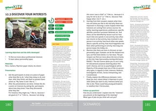 180 181SCENARIOSthe Toolkit - A manual for young trainers working with
visual communication, entrepreneurship and volunteering
12.3 DISCOVER YOUR INTERESTS
Learning objectives and the skills developed
•	 To find out more about professional interests
•	 To learn about personality types
Materials:
Pens, markers, flipchart paper sheets, A4 sheets
Presentation:
1.	 Ask the participants to draw on a piece of paper
what they like to do / what they enjoy to do, and
then, after they finish, ask them to present them-
selves as “My name is and I like to…”.
2.	 After the presentations are done, initiate the dis-
cussion on interests by asking the participants
about how they know / how they discovered
what they like
For instance, they might say “I like to.. because I
am good at it” or “I like to… because I am doing
this since I was a child” or “I like to… because it is
easy for me to do it” or “I like to.. because I feel
happy when I do it”, etc.).
3.	 Starting from their answers, explain what inter-
ests are (what you like to do) and why these are
important in choosing a career. Explain them that
interests are coming from various sources: he-
redity, learning experiences, preferences, specific
abilities, previous successes obtained, etc. And
these can be identified by factors such as: how
much time one spends in one activity, how often
one returns to that activity, how involved is one
person in an activity, how much often one speaks
about a specific activity, how much happiness one
feels when performing an activity, how long one
person keeps the hobby, etc.
4.	 Mention that there are tests to discover an own
personality type. Example can be the Holland test
(you can find more below, in a fact box). The par-
ticipant can find out more about the test at home,
at this link: http://personality-testing.info/tests/
RIASEC/. The test licence allow you to use it only
for educational purposes (learning about Hol-
land’s theory), and not as psychological advice.
Majority of the people have one of the six person-
ality types, in regards to their interests: Realistic,
Investigative, Artistic, Social, Enterprising, and
Conventional.
•	 Finally, explain the differences between: traits
(how you are), values (what is important to you),
skills (what you learn to do), interests (what you
like to do). These could help young participants
to redefine their CVs/resumes.
Follow-up questions:
How do you understand / explain now the “interests”
you present at the beginning of the meeting?
What type of jobs do you think will suit you?
professional interests
5-25
17-19
Tags:
Size:
Age:
Preparation: 5 mins
Duration: 60mins
personality types
career planning
RIASEC test was developed by
John Holland in the ‘60s, and
according to Holland the majority
of the people have one of the six
personality types, in regards to
their interests: Realistic, Investiga-
tive, Artistic, Social, Enterprising,
and Conventional. These types
develop on two axes, respectively:
objects-people, and data-ideas.
See the graphic below.
Realistic - the persons who are
realistic like to work with tools,
machines, or plants and animals.
They have manual, and technical
abilities, and usually they are
stable, pragmatic, honest, per-
sistent, and conformist. The most
common jobs for the realistic
type of personality are: engineer,
ITist, mechanic, driver, etc.
Investigative - this type of per-
sonality describes an inclination
for research, investigation in any
forms, and in various sectors of
activity (biology, physics, social,
cultural). The investigative per-
sons possess mathematical and
scientific skills, and they prefer
to work by themselves in solving
problems. They are usually an-
alytical, cautious, critic, curious,
independent, introvert, rational,
and accurate. The most common
jobs are: physician, chemist, math-
ematician, biologist, etc.
Artistic - the persons who have this
type of personality like the activi-
ties that are less structured, which
ask for more creative solutions,
and which require more use of the
imagination. They are usually more
expressive, and more sensitive,
idealist, creative, disorganized,
complex, independent, non-con-
formist. The most common jobs for
this type of personality are those
from art sectors - fine arts, music,
writing, etc.
Social - the people who possess
this type of personality need more
interpersonal interactions, they
like to help people, to solve their
problems, to teach them things.
They are cooperant, friendly,
generous, focused on solving
problems, responsible, sociable.
The most common jobs they take
are: teacher, social workers, human
resources manager, adviser, etc.
Enterprising - these persons prefer
to work in teams, but only for lead-
ing the team. They avoid scientific
or analytical work, and prefered
managerial contexts. They usually
are ambitious, dominant, energetic,
impulsive, optimistic, talkative,
sociable. The most common jobs
for this type of personality are:
sales manager, manager, politician,
entrepreneur, etc.
Conventional - this type of
personality direct people to very
well organized contexts, and ac-
tivities, where they can work with
data. These persons usually are
accurate, conformist, organized,
persistent, efficient, scrupulous,
and conservative. The most com-
mon jobs that these people take
are: accountant, clerk, secretary,
manager assistant, librarian, etc.
FACT BOX
 