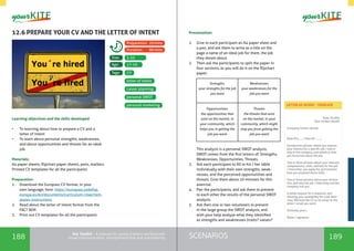 188 189SCENARIOSthe Toolkit - A manual for young trainers working with
visual communication, entrepreneurship and volunteering
12.6 PREPARE YOUR CV AND THE LETTER OF INTENT
Learning objectives and the skills developed
•	 To learning about how to prepare a CV and a
letter of intent
•	 To learn about personal strengths, weaknesses,
and about opportunities and threats for an ideal
job
Materials:
A4 paper sheets, flipchart paper sheets, pens, markers
Printed CV templates for all the participants
Preparation:
1.	 Download the Europass CV format, in your
own language, here: https://europass.cedefop.
europa.eu/en/documents/curriculum-vitae/tem-
plates-instructions
2.	 Read about the letter of intent format from the
FACT BOX
3.	 Print out CV templates for all the participants
Presentation:
1.	 Give to each participant an A4 paper sheet and
a pen, and ask them to write as a title on the
page a name of an ideal job for them, the job
they dream about.
2.	 Then ask the participants to split the paper in
four sections, as you will do it on the flipchart
paper:
This analysis is a personal SWOT analysis.
SWOT comes from the first letters of: Strengths,
Weaknesses, Opportunities, Threats.
3.	 Ask each participant to fill in his / her table
individually with their own strengths, weak-
nesses, and the perceived opportunities and
threats. Give them about 10 minutes for this
exercise.
4.	 Pair the participants, and ask them to present
to each other the results of the personal SWOT
analysis.
5.	 Ask then one or two volunteers to present
in the large group the SWOT analysis, and
with your help analyse what they identified
as strengths and weaknesses (traits? values?
CV
5-25
17-19
Tags:
Size:
Age:
Preparation: 20mins
Duration: 90mins
letter of intent
career planning
personal SWOT
personal marketing
Date, locality
Your contact details
Company contact details
Dear Mrs…… / Dear Mr ……..,
Introduction phrase, where you express
your interest for a specific job / intern-
ship in the company, and where or how
you found out about the job.
Two or three phrases about your relevant
competencies, skills, abilities for the job
/ internship you apply for, and mention
how you acquired those skills.
Two or three phrases about your motiva-
tion, and why the job / internship and the
company suit you.
A polite request for a response, and
showing your availability for a job inter-
view. Mention the CV as an annex to the
letter / email you send.
Sincerely yours,
Name / signature
LETTER OF INTENT - TEMPLATE
Strengths
your strengths for the job
you want
Weaknesses
your weaknesses for the
job you want
Opportunities
the opportunities that
exist on the market, in
your community, which
helps you in getting the
job you want
Threats
the threats that exist
on the market, in your
community, which might
stop you from getting the
job you want
 