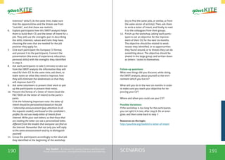 190 191SCENARIOSthe Toolkit - A manual for young trainers working with
visual communication, entrepreneurship and volunteering
interests? skills?). At the same time, make sure
that the opportunities and the threats are from
“outside”, and that these are realistic.
6.	 Explain participants how this SWOT analysis helps
them to build their CV, and the letter of intent for a
job. They will use the strengths part in describing
the skills, interests, values and traits they have,
choosing the ones that are needed for the job
position they apply for.
7.	 Give each participant the Europass CV format,
and present it to the participants. Connect the
presentation (the areas of experience, education,
personal skills) with the strengths they identified
in step 3.
8.	 Ask each participants to take 5 minutes to take out
from the SWOT analysis the information they will
need for their CV. At the same time, ask them, to
make notes on what they need to improve, how
they will eliminate the weaknesses so that they
will improve their CV.
9.	 Ask some volunteers to present their work or pair
up the participants to present their notes.
10.	 Present the format of a letter of intent (read the
FACT BOX on the letter of intent) to the partici-
pants.
Give the following Important note: the letter of
intent should be personalized based on the job
/ internship announcement (pay attention to all
the requests made!), and based on the candidate’s
profile. Do not use ready-letter of intents from
Internet. Write your own letters, so that those that
are reading the letter can see a personalized letter,
different from the models that everyone can find on
the Internet. Remember that not only you will reply
to the same announcement and try to distinguish
yourself.
11.	 Group the participants accordingly to the ideal job
they identified at the beginning of the workshop
(try to find the same jobs, or similar, or from
the same sector of activity). Then, ask them
to write a letter of intent, and finally to read
it to the colleagues from their groups.
12.	 Finish up the workshop, asking each partic-
ipant to set an objective for the improve-
ment of their CV, for the next six months.
The objective should be related to weak-
nesses they identified, or to opportunities
they found around, or to threats they can do
something about. The objective should be
shared in the large group, and written down
as letters / notes to themselves.
Follow-up questions:
What new things did you discover, while doing
the SWOT analysis, about yourself or the envi-
ronment which you live in?
What will you do in the next six months in order
to make sure you reach your objective for im-
proving your CV?
Where and when you could use your CV?
Possible Variations:
If the workshop is too long for the participants,
you can split it in two, after step 6. Do an ener-
gizer, and then come back to step 7.
Resources on the topic:
http://yourkite.org/toolkit/cv-letter-of-intent
 