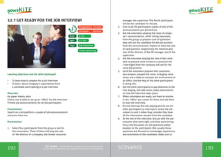 192 193SCENARIOSthe Toolkit - A manual for young trainers working with
visual communication, entrepreneurship and volunteering
12.7 GET READY FOR THE JOB INTERVIEW!
Learning objectives and the skills developed
•	 To learn how to prepare for a job interview
•	 To learn about company’s expectations from
a candidate participating in a job interview
Materials:
A4 paper sheets, pens
Chairs, and a table to set up an “office” for the interview
Printed job announcements for all the participants
Presentation:
Search on a job platform a couple of job announcements
and print them out
Presentation:
1.	 Select four participants from the group or ask for
four volunteers. Three of them will play the role
of: the director of a company, the human resources
manager, the supervisor. The fourth participant
will be the candidate for the job.
2.	 Give to all the participants copies of one of the
announcements you printed out.
3.	 Ask the volunteers playing the roles of compa-
ny’s representatives, while sitting separately
from the group, to prepare a set of questions
they will ask the candidate for the job position
from the announcement. Explain to them the role
of each position, respectively the interests and
role of the director, of the HR manager, and of the
supervisor.
4.	 Ask the volunteer playing the role of the candi-
date to prepare some answers to questions he
/ she might think the company will ask for the
same job position.
5.	 Until the volunteers prepare their questions,
and answers, prepare the room, arranging some
chairs and a table to simulate the environment of
an office. Use the help of the other participants
in doing this.
6.	 Ask the other participants to pay attention to the
role playing, and take notes, make observations
on how the interview takes place.
7.	 When volunteers are ready, ask them to reunite
in the “office” you create for them, and ask them
to start the interview.
8.	 Do not interrupt the role playing and do not let
other participants to interrupt it. Leave the vol-
unteers to end it when they consider they have
all the information needed from the candidate.
9.	 At the end of the interview, discuss with the par-
ticipants what went right, and what went wrong.
Focus the discussion on: the questions asked
(explain to the participants that usually these
questions are focused on knowledge, experience,
and motivation of the candidate; make sure to
job interview
5-25
17-19
Tags:
Size:
Age:
Preparation: 15mins
Duration: 60mins
career planning
 