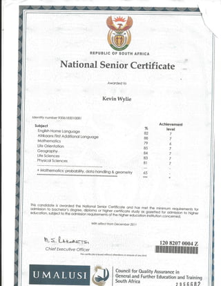 Kevin - Matric certificate