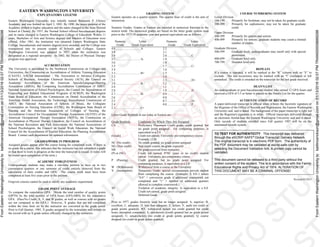 FromEasternWashingtonUniversitytokaitlincerickson@gmail.comon01/13/201602:07PMTRAN000008889298
FromEasternWashingtonUniversitytokaitlincerickson@gmail.comon01/13/201602:07PMTRAN000008889298
EASTERN WASHINGTON UNIVERSITY
EXPLANATORY LEGEND
Eastern Washington University was initially named Benjamin P. Cheney
Academy, and was formed on April 3, 1882. By 1890, the major purpose of the
Academy shifted to higher education and the name changed to the State Normal
School at Cheney. By 1937, the Normal School offered baccalaureate degrees
and its name changed to Eastern Washington College of Education. Within 11
years, Bachelors of Arts and Science degrees and Masters of Education were
offered. After 1961, the institution was renamed Eastern Washington State
College, baccalaureate and masters degrees were awarded, and the College was
restructured into its present system of Schools and Colleges. Eastern
Washington University was adopted in 1977 when the institution was
designated as a regional university. In 2002, the Doctor of Physical Therapy
program was approved.
ACCREDITATION
The University is accredited by the Northwest Commission on Colleges and
Universities, the Commission on Accreditation of Athletic Training Education
(CAATE), AACSB International - The Association to Advance Collegiate
Schools of Business, American Chemical Society (ACS), the Council on
Academic Accreditation of the American Speech-Language-Hearing
Association (ASHA), the Computing Accreditation Commission of ABET,
National Association of School Psychologists, the Council for Accreditation of
Counseling and Related Educational Programs (CACREP), the Washington
State Board of Education, the Commission on Dental Accreditation of the
American Dental Association, the Technology Accreditation Commission of
ABET, the National Association of Schools of Music, the Collegiate
Commission on Nursing Education (CCNE), the Washington State Board of
Nursing and the American Association of Colleges of Nursing, the
Accreditation Council for Occupational Therapy Association (ACOTE) of the
American Occupational Therapy Association (AOTA), the Commission on
Accreditation in Physical Therapy Education, the Council on Accreditation of
the National Recreation and Park Association, the National Associations of
School Psychologists, the Council on Social Work Education, the National
Council for the Accreditation of Teacher Education, the Planning Accreditation
Board. Contact each department for updated information.
GRADES/WORK IN PROGRESS
Assigned grades appear after the course listing for completed work. If there is
no grade for a course, this indicates that the instructor has not submitted a grade
or that there is work in progress at the time the transcript is issued. (Credits will
be issued upon completion of the term.)
ACADEMIC FORGIVENESS
Undergraduate students may make a one-time petition to have up to two
consecutive quarters or one semester of credit entirely removed from the
calculation of their credits and GPA. The course work must have been
completed at least five years prior to the petition.
Forgiven courses cannot be used to satisfy any academic requirement.
GRADE POINT AVERAGE
To compute the cumulative GPA: Divide the total number of quality points
(QPTS) by the total number of GPA hours (GPA-HRS) for the cumulative
GPA. (Pass/No Credit, X, Y, and W grades, as well as courses with no grades
are not computed in the GPA.) However, X grades that are not completed
within the time limit set by the instructor are converted to the grade noted.
Prior to Fall Quarter, 1985, X grades assigned by the instructors will remain on
the record with an X grade unless officially changed by the instructor.
GRADING SYSTEM
Eastern operates on a quarter system. The quarter hour of credit is the unit of
instruction.
Numeric Grades. Grades at Eastern are reported in numerical fractions to the
nearest tenth. The numerical grades are based on the letter grade system used
prior to the 1977-78 academic year and general equivalents are as follows:
Numeric Letter Numeric Letter
Grade Grade Equivalent Grade Grade Equivalent
4.0................................A 2.2
3.9 2.1
3.8 2.0................................C
3.7................................A- 1.9
3.6 1.8
3.5 1.7................................C-
3.4 1.6
3.3................................B+ 1.5
3.2 1.4
3.1 1.3................................D+
3.0................................B 1.2
2.9 1.1
2.8 1.0................................D
2.7................................B- 0.9
2.6 0.8
2.5 0.7................................D-
2.4 0.0................................F
2.3................................C+
Letter Grade Symbols in use today at Eastern are:
Grade Symbols Conditions for Which They Are Assigned
CA Proficiency Placement Credit grade; credit granted, but
no grade point assigned. For computing purposes, is
equivalent to a 2.0.
(Grade) Credit not earned, University pre-competency course.
Example: (2.0)
NC (No credit) No credit granted, no grade points assigned
NG (Non credit) Non credit course, no grade expected
NR No grade received from instructor.
(P) or (NC) Credit not earned, P/NC (pass or no credit) student
option. University pre-competency course
P (Passing) Credit granted, but no grade point assigned. For
computing purposes, is equivalent to a 2.0.
W (Withdrawal) Withdrawal from a course or the University
X (Incomplete) Temporary Grade; special circumstances prevent student
from completing the course. (Example: X 0.0–1 where
“0.0” = conversion grade if additional coursework not
completed and “1” = number of additional quarters
allowed to complete coursework.)
XF Violation of academic integrity. Is equivalent to a 0.0.
Credit not earned, grade point assigned
Y Deferred Grade
Prior to 1977, grades formerly used but no longer assigned: A, superior; B,
excellent; C, adequate; D, less than adequate; F, failure; V, audit (no credit or
grade points granted); WF, withdrawal failure (no credit granted but credit
hours attempted computed); S, satisfactory (credit granted but no grade points
assigned); U, unsatisfactory (no credit or grade points granted); Q, course
dropped (no credit or grade points granted).
COURSE NUMBERING SYSTEM
Lower Division
100-199 Primarily for freshman; may not be taken for graduate credit.
200-299 Primarily for sophomores; may not be taken for graduate
credit.
Upper Division
300-399 Primarily for juniors and seniors.
400-499 Primarily for seniors; graduate students may count a limited
number of credits.
Graduate Division
500-599 Graduate level; undergraduates may enroll only with special
permission.
600-699 Graduate level only.
700-799 Doctoral level only.
REPEATS
If a course is repeated, it will be marked in the “R” column with an “E” to
exclude. The last occurrence may be marked with an “I” (included) or left
unmarked. The credit is awarded on the transcript for the last grade received.
DEAN'S LIST
An undergraduate or post baccalaureate student who earned 12 GPA hours and
received a GPA of 3.5 or better is placed on the Dean's List for the quarter.
AUTHENTICATION OF RECORD
A paper-delivered transcript is official when it bears the facsimile signature of
the Registrar of the Office of Records and Registration, the Eastern Washington
University seal, and is dated. The background of the paper transcript is light red
and the Registrar's signature is in white. Official transcripts delivered through
an electronic format bear the Eastern Washington University seal and is dated.
Only records of students enrolled since Fall quarter 1987 will be on the
automated records system.
TO TEST FOR AUTHENTICITY: This transcript was delivered
through the eSCRIP-SAFE®
Global Transcript Delivery Network.
The original transcript is in electronic PDF form. The authenticity of
the PDF document may be validated at escrip-safe.com by
selecting the Document Validation link. A printed copy cannot be
validated.
This document cannot be released to a third party without the
written consent of the student. This is in accordance with the Family
Educational Rights and Privacy Act of 1974. ALTERATION OF
THIS DOCUMENT MAY BE A CRIMINAL OFFENSE!
Revised 05/2015
 