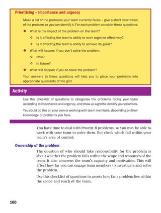 Prioritising – importance and urgency
      Make a list of the problems your team currently faces – give a short description
      of the problem so you can identify it. For each problem consider these questions:
            What is the impact of the problem on the team?
                Is it affecting the team’s ability to work together effectively?
                Is it affecting the team’s ability to achieve its goals?
            What will happen if you don’t solve the problem:
                Now?
                In future?
            What will happen if you do solve the problem?
      Your answers to these questions will help you to place your problems into
      appropriate quadrants of the grid.

 Activity
      Use this checklist of questions to categorise the problems facing your team
      according to importance and urgency, and draw up a grid to identify your priorities.
      You could do this on your own or working with team members, depending on their
      knowledge of problems you face.


                You have time to deal with Priority B problems, so you may be able to
                work with your team to solve them. But check which fall within your
                team’s area of control.

  Ownership of the problem
                The question of who should take responsibility for the problem is
                about whether the problem falls within the scope and resources of the
                team. It also concerns the team’s capacity and motivation. This will
                affect how far you can engage team members to investigate and solve
                the problem.
                Use this checklist of questions to assess how far a problem lies within
                the scope and reach of the team.




100
 