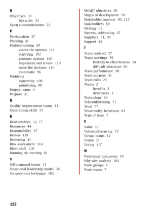 O                                 SMART objectives 39
Objectives 39                     Stages of development 20
     hierarchy 33                 Stakeholder analysis 90, 113
Open communications 52            Stakeholders 89
                                  Strategy 32
P                                 Success, celebrating 47
Participation 37                  Suppliers 31, 90
Planning 41                       Support 43
Problem-solving 87
                                  T
      assess the options 111
      clarifying 102              Team contract 27
      generate options 106        Team meetings 59
      implement and review 119          barriers to effectiveness 59
      make the decision 116             difficult situations 66
      systematic 96               Team performance 30
Problems                          Team purpose 31
      ownership 100               Team roles 23
      prioritising 98             Teams 2
Project teams 9                         benefits 3
Purpose 31                              drawbacks 3
                                  Technology 69
Q                                 Teleconferencing 71
Quality improvement teams 11      Trust 77
Questioning skills 57             Trustworthy behaviour 81
R                                 Type of team 7

Relationships 53, 77              V
Resources 44                      Value 32
Responsibility 37                 Videoconferencing 73
Review 119                        Virtual teams 12
Reviewing 41                      Vision 32
Risk assessment 114               Voting 117
Risky shift 118
                                  W
Running the meeting 61
                                  Web-based discussion 74
S                                 Why-why analysis 103
Self-managed teams 11             Work groups 7
Situational leadership model 38   Work teams 7
Six questions technique 102




122
 