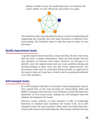 ability to build a team. The leadership role is to facilitate the
                 team’s ability to work effectively and achieve its goals.




            The facilitator takes on leadership functions, such as coordinating and
            supporting, but crucially does not make decisions or influence deci-
            sion-making. The facilitator aims to help the team to make its own
            decisions.


Quality improvement teams
            A quality improvement team has a long-term life, like the work team,
            and may have a similar composition, made up from people who are
            also members of relevant work teams. However, its function is to
            identify areas for improvement and use team problem-solving and
            decision-making to plan, carry out and review improvements. Im-
            provement teams may be structured democratically as suggested in
            the project team, or it may have a leader who has positional authority
            over team members.


Self-managed teams
            In a self-managed team there is no leader. Some management experts
            have argued that as the team develops its teamworking skills and
            ability to manage and control its own workload, a leader becomes less
            important or even unnecessary, making the self-managed team the
            ultimate development for teams.
            However, teams continue to need someone to take on leadership
            functions to facilitate and coordinate the team’s work. So in self-
            managed teams the team members either share the leadership func-
            tions or take turns in the leadership role. This can put a burden on team



                                                                                     11
 
