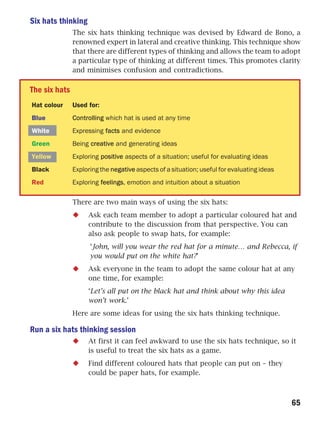 Six hats thinking
               The six hats thinking technique was devised by Edward de Bono, a
               renowned expert in lateral and creative thinking. This technique show
               that there are different types of thinking and allows the team to adopt
               a particular type of thinking at different times. This promotes clarity
               and minimises confusion and contradictions.

The six hats
Hat colour     Used for:
Blue           Controlling which hat is used at any time
White          Expressing facts and evidence
Green          Being creative and generating ideas
Yellow         Exploring positive aspects of a situation; useful for evaluating ideas
Black          Exploring the negative aspects of a situation; useful for evaluating ideas
Red            Exploring feelings, emotion and intuition about a situation

               There are two main ways of using the six hats:
                    Ask each team member to adopt a particular coloured hat and
                    contribute to the discussion from that perspective. You can
                    also ask people to swap hats, for example:
                     ‘John, will you wear the red hat for a minute… and Rebecca, if
                     you would put on the white hat?’
                    Ask everyone in the team to adopt the same colour hat at any
                    one time, for example:
                    ‘Let’s all put on the black hat and think about why this idea
                    won’t work.’
               Here are some ideas for using the six hats thinking technique.

Run a six hats thinking session
                    At first it can feel awkward to use the six hats technique, so it
                    is useful to treat the six hats as a game.
                    Find different coloured hats that people can put on – they
                    could be paper hats, for example.



                                                                                            65
 