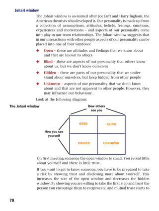 Johari window
                The Johari window is so-named after Joe Luft and Harry Ingham, the
                American theorists who developed it. Our personality is made up from
                a collection of assumptions, attitudes, beliefs, feelings, emotions,
                experiences and motivations – and aspects of our personality come
                into play in our team relationships. The Johari window suggests that
                in our interactions with other people aspects of our personality can be
                placed into one of four windows:
                     Open – these are attitudes and feelings that we know about
                     and that are known to others
                     Blind – these are aspects of out personality that others know
                     about us, but we don’t know ourselves
                     Hidden – these are parts of our personality that we under-
                     stand about ourselves, but keep hidden from other people
                     Unknown – aspects of our personality that we don’t know
                     about and that are not apparent to other people. However, they
                     may influence our behaviour.
                Look at the following diagram:

The Johari window                                 How others
                                                   see you


                                           OPEN                BLIND

                     How you see
                       yourself

                                          HIDDEN          UNKNOWN



                 On first meeting someone the open window is small. You reveal little
                 about yourself and there is little trust.
                 If you want to get to know someone, you have to be prepared to take
                 a risk by showing trust and disclosing more about yourself. This
                 increases the size of the open window and decreases the hidden
                 window. By showing you are willing to take the first step and trust the
                 person you encourage them to reciprocate, and mutual trust starts to


78
 