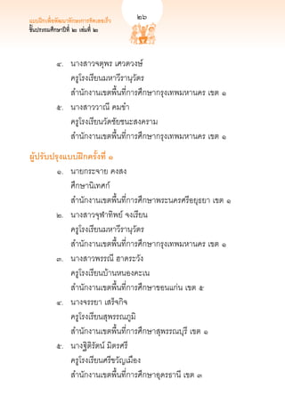 แบบฝึกเพื่อพัฒนาทักษะการคิดเลขเร็ว	   
   26
ชั้นประถมศึกษาปีที่ ๒ เล่มที่ ๒



	          ๔.	   นางสาวจตุพร เศวตวงษ์ 	 
	            	   ครูโรงเรียนมหาวีรานุวัตร 
	            	   สำนักงานเขตพื้นที่การศึกษากรุงเทพมหานคร เขต ๑ 
	          ๕.	   นางสาววาณี คมขำ	           
	            	   ครูโรงเรียนวัดชัยชนะสงคราม 
	            	   สำนักงานเขตพื้นที่การศึกษากรุงเทพมหานคร เขต ๑ 
ผู้ปรับปรุงแบบฝึกครั้งที่ ๑
	       ๑. 	 นายกระจาย คงสง	
	          	 ศึกษานิเทศก์ 
	          	 สำนักงานเขตพื้นที่การศึกษาพระนครศรีอยุธยา เขต ๑
  	     ๒. 	 นางสาวจุฬาทิพย์ จงเรียน 
	          	 ครูโรงเรียนมหาวีรานุวัตร 
	          	 สำนักงานเขตพื้นที่การศึกษากรุงเทพมหานคร เขต ๑
  	     ๓. 	 นางสาวพรรณี ฮาดระวัง 	 
	          	 ครูโรงเรียนบ้านหนองคะเน 
	          	 สำนักงานเขตพื้นที่การศึกษาขอนแก่น เขต ๕
	       ๔. 	 นางจรรยา เสร็จกิจ 	        
	          	 ครูโรงเรียนสุพรรณภูมิ 
	          	 สำนักงานเขตพื้นที่การศึกษาสุพรรณบุรี เขต ๑
	       ๕. 	 นางฐิติรัตน์ มิตรศรี 
	          	 ครูโรงเรียนศรีขวัญเมือง 
	          	 สำนักงานเขตพื้นที่การศึกษาอุดรธานี เขต ๓
 