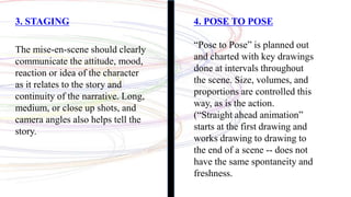 3. STAGING
The mise-en-scene should clearly
communicate the attitude, mood,
reaction or idea of the character
as it relates to the story and
continuity of the narrative. Long,
medium, or close up shots, and
camera angles also helps tell the
story.
4. POSE TO POSE
“Pose to Pose” is planned out
and charted with key drawings
done at intervals throughout
the scene. Size, volumes, and
proportions are controlled this
way, as is the action.
(“Straight ahead animation”
starts at the first drawing and
works drawing to drawing to
the end of a scene -- does not
have the same spontaneity and
freshness.
 