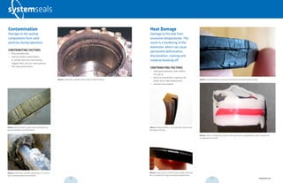 Above: Polyurethane u-cup seal with severe heat
damage/cracking.
Heat Damage
Damage to the seal from
excessive temperatures. The
result is a hardening of the
elastomer, which can cause
permanent deformation,
discoloration, cracking and
material breaking off.
CONTRIBUTING FACTORS
•	 High speed operation, which affects
the seal lip
•	 Hot oil or environment, exposing the
whole seal to high temperatures
•	 Incorrect seal material
Above: Inner lip of a nitrile rotary shaft seal that
has cracked from high running temperatures.
Above: Polyurethane u-cup seal with severe heat damage/cracking.
Above: Multi-component piston seal exposed to temperatures that caused the
components to melt.
Contamination
Damage to the sealing
components from solid
particles during operation.
CONTRIBUTING FACTORS
•	 Dirty assembly area
•	 Internal cylinder contamination;
ie. cylinder wear over time causing
clogged filters, dirty oil, metal particles
•	 Poor wiper performance
Above: Hydraulic cylinder with severe contamination.
Above: Hydraulic cylinder operating in a severe
salt contaminated environment.
Above: Resin/Fabric guide band damaged by
severe metallic contamination.
012 013 systemseals.com
 