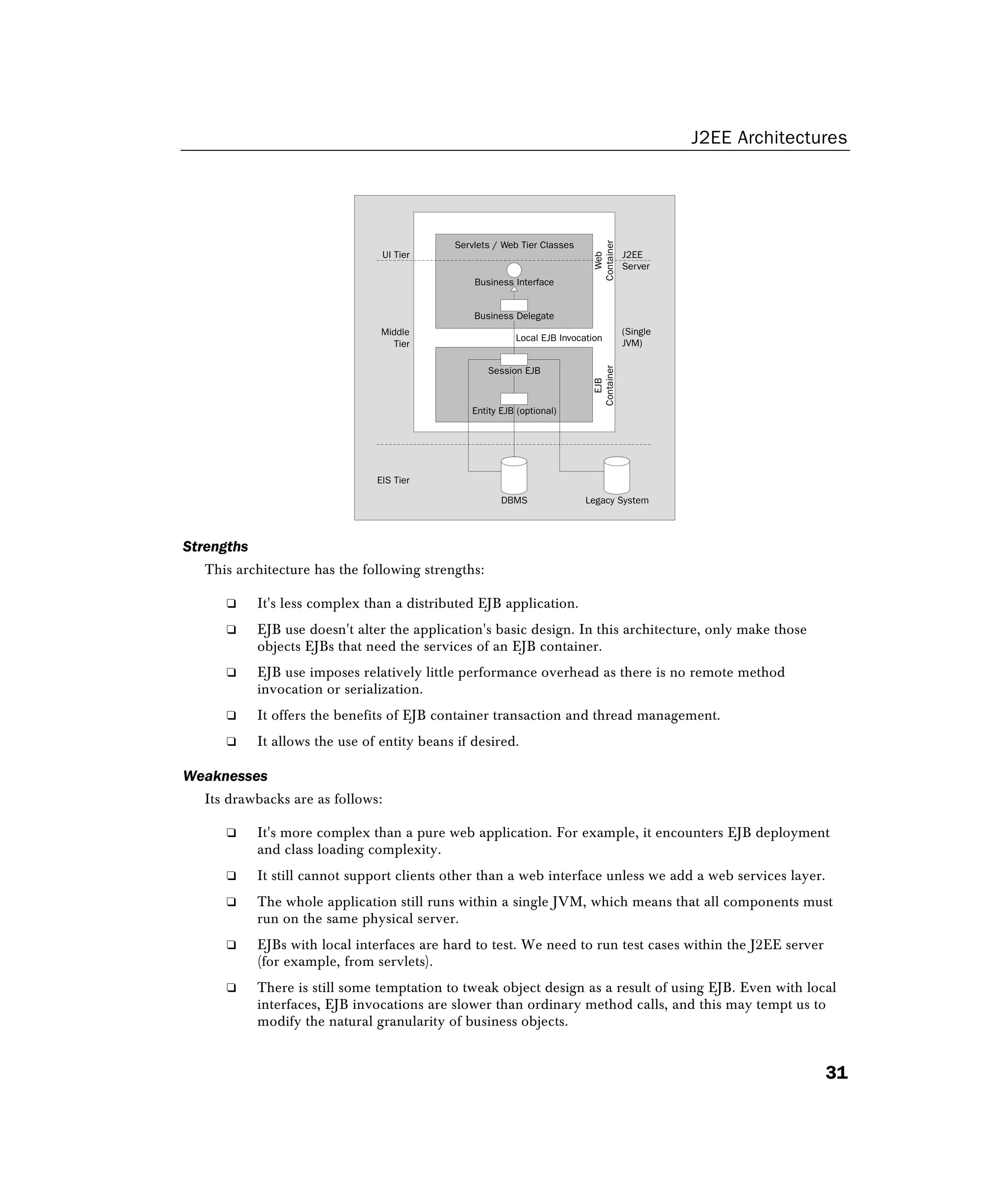 J2EE Architectures
31
Servlets / Web Tier Classes
Business Interface
Business Delegate
UI Tier J2EE
Server
Middle
Tier
Legacy System
EIS Tier
Web
Container
Entity EJB (optional)
Local EJB Invocation
EJB
Container
DBMS
(Single
JVM)
Session EJB
Strengths
This architecture has the following strengths:
❑ It's less complex than a distributed EJB application.
❑ EJB use doesn't alter the application's basic design. In this architecture, only make those
objects EJBs that need the services of an EJB container.
❑ EJB use imposes relatively little performance overhead as there is no remote method
invocation or serialization.
❑ It offers the benefits of EJB container transaction and thread management.
❑ It allows the use of entity beans if desired.
Weaknesses
Its drawbacks are as follows:
❑ It's more complex than a pure web application. For example, it encounters EJB deployment
and class loading complexity.
❑ It still cannot support clients other than a web interface unless we add a web services layer.
❑ The whole application still runs within a single JVM, which means that all components must
run on the same physical server.
❑ EJBs with local interfaces are hard to test. We need to run test cases within the J2EE server
(for example, from servlets).
❑ There is still some temptation to tweak object design as a result of using EJB. Even with local
interfaces, EJB invocations are slower than ordinary method calls, and this may tempt us to
modify the natural granularity of business objects.
 