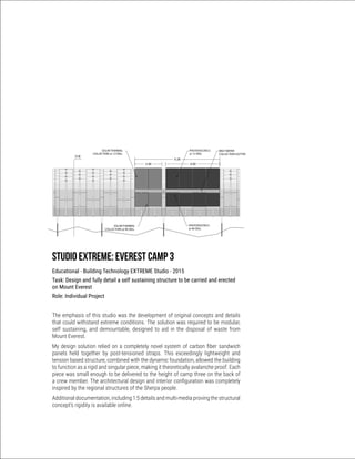 Studio Extreme: Everest Camp 3
Educational - Building Technology EXTREME Studio - 2015
Task: Design and fully detail a self sustaining structure to be carried and erected
on Mount Everest
Role: Individual Project
The emphasis of this studio was the development of original concepts and details
that could withstand extreme conditions. The solution was required to be modular,
self sustaining, and demountable, designed to aid in the disposal of waste from
Mount Everest.
My design solution relied on a completely novel system of carbon fiber sandwich
panels held together by post-tensioned straps. This exceedingly lightweight and
tension based structure, combined with the dynamic foundation, allowed the building
to function as a rigid and singular piece, making it theoretically avalanche proof. Each
piece was small enough to be delivered to the height of camp three on the back of
a crew member. The architectural design and interior configuration was completely
inspired by the regional structures of the Sherpa people.
Additional documentation, including 1:5 details and multi-media proving the structural
concept’s rigidity is available online.
50 DWELLING - LONGITUDINAL SECTION 1:50
06
50 DWELLING - NORTHEAST ELEVATION 1:50
07
50 DWELLING - SOUTHWEST ELEVATION 1:50
08
3.55VARIES
2.00 4.00
6.28
3.004.00 2.002.001.00
13.82
3.55
ADJUSTABLE
FOUNDATION ANCHOR
POST TENSIONED
STRAPS
ENTRY VESTIBULE
ADJUSTABLE
ENTRY STAIR
PHOTOVOLTAICS
@ 12 DEG.
SOLAR THERMAL
COLLECTORS @ 12 DEG.
MELT WATER
COLLECTION GUTTER
PHOTOVOLTAICS
@ 90 DEG.
SOLAR THERMAL
COLLECTORS @ 90 DEG.
CS
PHOTOVOLTAICS
@ 90 DEG.
[10]
 