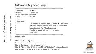 ©2015 – Nathan Davenport
PurchaseRequestSystem
Automated Migration ScriptAssetManagement
' ====================================================
' Language: VBScript
' Name: Migrate.vbs
' Author: Nathan Davenport
' Date: 7/2010
'
' Description:
' This application will backup or restore all user date and
‘ network / printer settings producing an automated
‘ migration tools for PC replacements.
' Free for all users, but leave in this header
' (C) 7/2010
' ====================================================
Option Explicit
' * Declare basic objects
' ----------------------------------------------------
Dim strComputer : strComputer = "."
Dim objFSO : Set objFSO = CreateObject("Scripting.FileSystemObject")
Dim objShell : Set objShell = CreateObject("WScript.Shell")
 