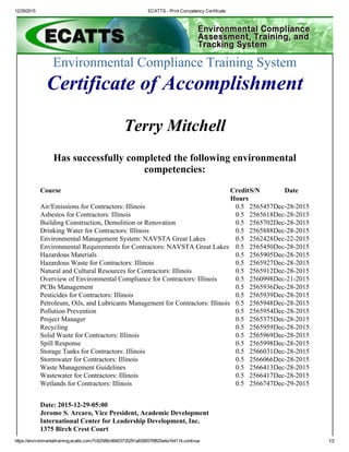 12/29/2015 ECATTS ­ Print Competency Certificate
https://environmentaltraining.ecatts.com/7c62588c66403735291a8356576f820a4a164114.continue 1/2
Environmental Compliance Training System
Certificate of Accomplishment
Terry Mitchell
Has successfully completed the following environmental
competencies:
Course Credit
Hours
S/N Date
Air/Emissions for Contractors: Illinois 0.5 2565457Dec­28­2015
Asbestos for Contractors: Illinois 0.5 2565618Dec­28­2015
Building Construction, Demolition or Renovation 0.5 2565702Dec­28­2015
Drinking Water for Contractors: Illinois 0.5 2565888Dec­28­2015
Environmental Management System: NAVSTA Great Lakes 0.5 2562428Dec­22­2015
Environmental Requirements for Contractors: NAVSTA Great Lakes 0.5 2565450Dec­28­2015
Hazardous Materials 0.5 2565905Dec­28­2015
Hazardous Waste for Contractors: Illinois 0.5 2565927Dec­28­2015
Natural and Cultural Resources for Contractors: Illinois 0.5 2565912Dec­28­2015
Overview of Environmental Compliance for Contractors: Illinois 0.5 2560998Dec­21­2015
PCBs Management 0.5 2565936Dec­28­2015
Pesticides for Contractors: Illinois 0.5 2565939Dec­28­2015
Petroleum, Oils, and Lubricants Management for Contractors: Illinois 0.5 2565948Dec­28­2015
Pollution Prevention 0.5 2565954Dec­28­2015
Project Manager 0.5 2565375Dec­28­2015
Recycling 0.5 2565959Dec­28­2015
Solid Waste for Contractors: Illinois 0.5 2565969Dec­28­2015
Spill Response 0.5 2565998Dec­28­2015
Storage Tanks for Contractors: Illinois 0.5 2566031Dec­28­2015
Stormwater for Contractors: Illinois 0.5 2566066Dec­28­2015
Waste Management Guidelines 0.5 2566413Dec­28­2015
Wastewater for Contractors: Illinois 0.5 2566417Dec­28­2015
Wetlands for Contractors: Illinois 0.5 2566747Dec­29­2015
Date: 2015­12­29­05:00
Jerome S. Arcaro, Vice President, Academic Development
International Center for Leadership Development, Inc.
1375 Birch Crest Court
 