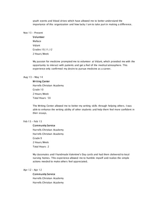 youth events and blood drives which have allowed me to better understand the
importance of this organization and how lucky I am to take part in making a difference.
Nov 13 - Present
Volunteer
Wallace
Vidant
Grades 10,11,12
2 Hours/Week
My passion for medicine prompted me to volunteer at Vidant, which provided me with the
opportunity to interact with patients and get a feel of the medical atmosphere. This
experience only confirmed my desire to pursue medicine as a career.
Aug 13 - May 14
Writing Center
Harrells Christian Academy
Grade 10
2 Hours/Week
Total Hours: 50
The Writing Center allowed me to better my writing skills through helping others. I was
able to enhance the writing ability of other students and help them feel more confident in
their essays.
Feb 13 - Feb 13
Community Service
Harrells Christian Academy
Harrells Christian Academy
Grade 9
2 Hours/Week
Total Hours: 2
My classmates and I handmade Valentine's Day cards and had them delivered to local
nursing homes. This experience allowed me to humble myself and realize the simple
actions needed to make others feel appreciated.
Apr 12 - Apr 12
Community Service
Harrells Christian Academy
Harrells Christian Academy
 