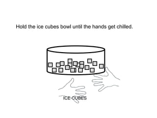 Hold the ice cubes bowl until the hands get chilled. 
ICE CUBES 
 