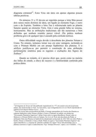 HADNU.ORG 55
diagrama estrutural18
. Estes Véus são úteis em apenas algumas poucas
tabelas positivas.
Os números 31 e 32 devem ser repetidos porque a letra Shin possui
dois ramos muito distintos de ideia, um ligado ao elemento Fogo, e outro
com o do Espírito. Também a letra Tau é referenciada tanto ao planeta
Saturno quanto ao elemento Terra. Esta é uma grande falha no sistema,
teoricamente. Mas as atribuições tradicionais são tão numerosas e bem
definidas que nenhum remédio parece viável. (Na prática nenhum
problema grave de qualquer tipo é causado pela confusão teórica).
Outra dificuldade surgiu devido à descoberta dos planetas Netuno e
Urano. No entanto, tentamos tornar isso em uma vantagem, incluindo-os
com o Primum Mobile em um arranjo Sephirótico dos planetas. E o
artifício justificou-se por permitir a construção de uma atribuição
perfeitamente simétrica para os regentes e exaltações dos Signos do
Zodíaco19
.
Quanto ao restante, só é preciso dizer que, assim como na maioria
das linhas de estudo, a chave do sucesso é a familiaridade conferida pela
prática diária.
18
[O diagrama da Árvore da Vida publicado originalmente no 777, em comum com este na presente
edição, não mostra de fato os Véus. Ao invés disso, veja os diagramas do Livro de Thoth (reproduzido no
capítulo 65 de Magick Without Tears). – T.S.]
19
[Isso foi escrito antes da descoberta de Plutão. O arranjo intermediário de Crowley dos Planetas ao
esquema Sephirótico refere Netuno a Kether e Urano a Chokmah; em adição, um arranjo dos
―Governantes Planetários Superiores‖ define Urano sobre os signos Querúbicos, Netuno sobre os
Mutáveis e o Primum Mobile sobre os Cardeais. No Livro de Thoth, pós descoberta de Plutão, as
atribuições finais dos Planetas às Sephiroth foi abandonado na descrição do ATU XXI: ele refere Plutão a
Kether, Netuno a Chokmah e Urano a Daath. Plutão era agora o ―Governador Planetário Superior‖ dos
signos Querúbicos, e o esquema de ―planetas exaltados nos signos‖ havia sido preenchido com os
planetas exteriores e Caput e Cauda Draconis. Veja ―Arranjos Diversos‖, supra, e col. CXXXIX. – T.S.]
 