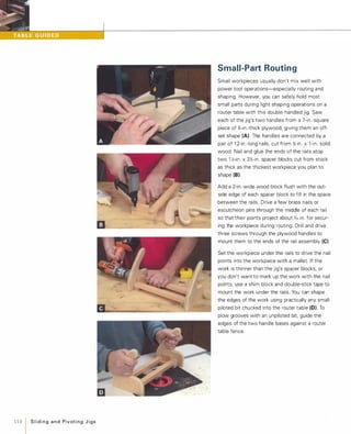 114 1 Slidingand PivotingJigs
Small-Part Routing
Small workpieces usually don't mix well with
power tool operations-especially routing and
shaping. However, you can safely hold most
small parts during light shaping operations on a
router table with this double-handled jig. Saw
each of the jig's two handles from a 7-in.-square
piece of %-in.-thick plywood, giving them an off­
set shape (A). The handles are connected by a
pair of 1 2-in.-long rails, cut from %-in . x l -in. solid
wood. Nail and glue the ends of the rails atop
two 1 !;-in. x 3!;-in. spacer blocks cut from stock
as thick as the thickest workpiece you plan to
shape (B).Add a 2-in.-wide wood block flush with the out­
side edge of each spacer block to fill in the space
between the rails. Drive a few brass nails or
escutcheon pins through the middle of each rail
so that their points project about );,6 in. for secur­
ing the workpiece during routing. Drill and drive
three screws through the plywood handles to
mount them to the ends of the rail assembly (e).
Set the workpiece under the rails to drive the nail
points into the workpiece with a mallet. If the
work is thinner than the jig's spacer blocks, or
you don't want to mark up the work with the nail
points, use a shim block and double-stick tape to
mount the work under the rails. You can shape
the edges of the work using practically any small
piloted bit chucked into the router table (0). To
plow grooves with an unpiloted bit, guide the
edges of the two handle bases against a router
table fence.
 