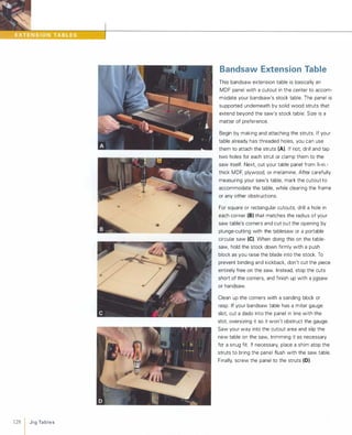 128 1 JigTables
Bandsaw Extension Table
This bandsaw extension table is basically an
MDF panel with a cutout in the center to accom­
modate your bandsaw's stock table. The panel is
supported underneath by solid wood struts that
extend beyond the saw's stock table. Size is a
matter of preference.
Begin by making and attaching the struts. If your
table already has threaded holes, you can use
them to attach the struts (A). If not, drill and tap
two holes for each strut or clamp them to the
saw itself. Next, cut your table panel from %-in.­
thick MDF, plywood, or melamine. After carefully
measuring your saw's table, mark the cutout to
accommodate the table, while clearing the frame
or any other obstructions.
For square or rectangular cutouts, drill a hole in
each corner (B)that matches the radius of your
saw table's corners and cut out the opening by
plunge-cutting with the tablesaw or a portable
circular saw (e).When doing this on the table­
saw, hold the stock down firmly with a push
block as you raise the blade into the stock. To
prevent binding and kickback, don't cut the piece
entirely free on the saw. Instead, stop the cuts
short of the corners, and finish up with a jigsaw
or handsaw.
Clean up the corners with a sanding block or
rasp. If your bandsaw table has a miter gauge
slot, cut a dado into the panel in line with the
slot, oversizing it so it won't obstruct the gauge.
Saw your way into the cutout area and slip the
new table on the saw, trimming it as necessary
for a snug fit. If necessary, place a shim atop the
struts to bring the panel flush with the saw table.
Finally, screw the panel to the struts (0).
 