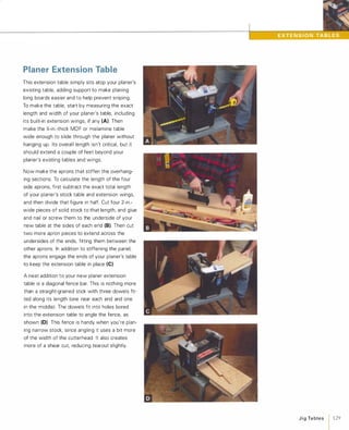 Planer Extension Table
This extension table simply sits atop your planer's
existing table, adding support to make planing
long boards easier and to help prevent sniping.
To make the table, start by measuring the exact
length and width of your planer's table, including
its built-in extension wings, if any (A). Then
make the %-in.-thick MDF or melamine table
wide enough to slide through the planer without
hanging up. Its overall length isn't critical, but it
should extend a couple of feet beyond your
planer's existing tables and wings.
Now make the aprons that stiffen the overhang­
ing sections. To calculate the length of the four
side aprons, first subtract the exact total length
of your planer's stock table and extension wings,
and then divide that figure in half. Cut four 2-in.­
wide pieces of solid stock to that length, and glue
and nail or screw them to the underside of your
new table at the sides of each end (8). Then cut
two more apron pieces to extend across the
undersides of the ends, fitting them between the
other aprons. In addition to stiffening the panel,
the aprons engage the ends of your planer's table
to keep the extension table in place (e).A neat addition to your new planer extension
table is a diagonal fence bar. This is nothing more
than a straight-grained stick with three dowels fit­
ted along its length (one near each end and one
in the middle). The dowels fit into holes bored
into the extension table to angle the fence, as
shown (0). This fence is handy when you're plan­
ing narrow stock, since angling it uses a bit more
of the width of the cutterhead. It also creates
more of a shear cut, reducing tearout slightly.
JigTables 1 129
 