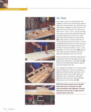 130 I JigTables
Air Table
An air table is a big, thin, perforated box that
releases a cushion of air to allow heavy panels to
glide over it with little effort. It's useful as an out­
feed table for a tablesaw or other machine. The
table is built like a torsion box. The one shown
here is 3Y2 in. x 24 in. x 72 in , but you can make
it any size you wish. After sawing the long sides,
the central support ribs, and the inner strips,
bore holes through all the inner strips and ribs
(A) to allow the air to circulate inside the box.
The top and bottom skins are cut from }4-in.-thick
single-sided melamine panel, with the melamine
surface oriented to the outside of the box. The
air holes in the top are drilled in a 2Y2-in.- x 2Y2-in.­
grid pattern with a :4-in.-dia. drill bit (8). Spacing
isn't critical; just plan the grid layout so that
holes aren't blocked by the inner structure.
As for any torsion box, assembly is best done on
a large, flat surface. For long tables like this one,
glue and nail components in sub-assemblies (e),then put the sub-assemblies together, applying
the top and bottom skins last.
Air is supplied to the table from a 3 hp-5 hp shop
vacuum's blower port, which is connected to a
plastic hose fitting mounted over a hole cut into
the bottom center of the air table. Mount the
table atop a pair of sawhorses or adjustable
stands set next to your saw, aligning the table
flush and level with the saw table (0).
[TI P] Your shop vacuum can do double
duty when you're using the air table
with a benchtop-style tablesaw: Connect
the blower hose to the air table and the
vacuum hose to the saw.
 