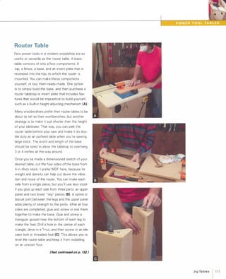 Router Table
Few power tools in a modern woodshop are as
useful or versatile as the router table. A basic
table consists of only a few components: A
top, a fence, a base, and an insert plate that is
recessed into the top, to which the router is
mounted. You can make these components
yourself, or buy them ready-made. One option
is to simply build the base, and then purchase a
router tabletop or insert plate that includes fea­
tures that would be impractical to build yourself,
such as a built-in height-adjusting mechanism (A).
Many woodworkers prefer their router tables to be
about as tall as their workbenches, but another
strategy is to make it just shorter than the height
of your tablesaw. That way, you can park the
router table behind your saw and make it do dou­
ble duty as an outfeed table when you're sawing
large stock. The width and length of the base
should be sized to allow the tabletop to overhang
3 or 4 inches all the way around.
Once you've made a dimensioned sketch of your
desired table, cut the four sides of the base from
%-in.-thick stock. I prefer MDF here, because its
weight and density can help cut down the vibra­
tion and noise of the router. You can make each
side from a single piece, but you'll use less stock
if you glue up each side from three parts: an upper
panel and two lower " leg" pieces (8) A spline or
biscuit joint between the legs and the upper panel
adds plenty of strength to the joints. After all four
sides are completed, glue and screw or nail them
together to make the base. Glue and screw a
triangular gusset near the bottom of each leg to
make the feet. Drill a hole in the center of each
triangle, drive in a T-nut, and then screw in an ele­
vator bolt or threaded foot (e).This allows you to
level the router table and keep it from wobbling
on an uneven floor.
(Text continued on p. 132.) JigTables  131
 