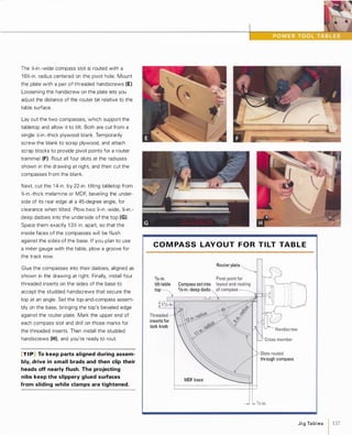 The Y.-in.-wide compass slot is routed with a
1 6Y.;-in. radius centered on the pivot hole. Mount
the plate with a pair of threaded handscrews (E).
Loosening the handscrew on the plate lets you
adjust the distance of the router bit relative to the
table surface.
Lay out the two compasses, which support the
tabletop and allow it to tilt. Both are cut from a
single Y.;-in.-thick plywood blank. Temporarily
screw the blank to scrap plywood, and attach
scrap blocks to provide pivot points for a router
trammel (F). Rout all four slots at the radiuses
shown in the drawing at right. and then cut the
compasses from the blank.
Next. cut the 1 4-in. by 22-in. tilting tabletop from
%-in.-thick melamine or MDF, beveling the under­
side of its rear edge at a 45-degree angle, for
clearance when tilted. Plow two y';-in.-wide, %-in.­
deep dadoes into the underside of the top (G).
Space them exactly 1 3y'; in. apart, so that the
inside faces of the compasses will be flush
against the sides of the base. If you plan to use
a miter gauge with the table, plow a groove for
the track now.
Glue the compasses into their dadoes, aligned as
shown in the drawing at right. Finally, install four
threaded inserts on the sides of the base to
accept the studded handscrews that secure the
top at an angle. Set the top-and-compass assem­
bly on the base, bringing the top's beveled edge
against the router plate. Mark the upper end of
each compass slot and drill on those marks for
the threaded inserts. Then install the studded
handscrews (H), and you're ready to rout.
[T I P] To keep parts aligned during assem­
bly, drive in small brads and then clip their
heads off nearly flush. The projecting
nibs keep the slippery glued surfaces
from sliding while clamps are tightened.
C O M PA S S LAY O UT F O R T I LT TA B L E
3/4-in.
tilt-table Compass set into
top 3/B-in.-deep dado
inserts for
lock knob
MDF base
Router plate
through compass
JigTa b l es 1 137
 