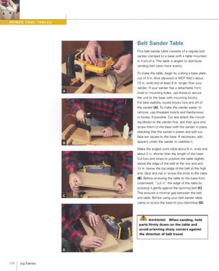 138 1 JigTables
Belt Sander Table
This belt sander table consists of a regular belt
sander clamped to a base with a table mounted
in front of it. The table is angled to distribute
sanding belt wear more evenly.
To make the table, begin by cutting a base plate
out of %-in.-thick plywood or MDF that's about
1 5 in. wide and at least 8 in. longer than your
sander. If your sander has a detachable front
knob or mounting holes, use these to secure
the unit to the base with mounting blocks.
For best stability, locate blocks fore and aft of
the sander (A). To make the sander easier to
remove, use threaded inserts and handscrews
or knobs, if possible. Cut and attach the mount­
ing blocks to the sander first, and then glue and
screw them to the base with the sander in place,
checking that the sander's platen and belt sur­
face are square to the base. If necessary, add
spacers under the sander to stabilize it.
Make the angled work table about 8 in. wide and
about 2 in. shorter than the length of the base.
Cut two end strips to position the table slightly
above the edge of the belt at the low end and
1 � in. below the top edge of the belt at the high
end. Glue and nail or screw the ends to the table
(8). Before screwing the table to the base from
underneath, "cut in" the edge of the table by
pressing it gently against the spinning belt (e).This ensures a minimal gap between the belt
and table. Before using your belt sander table,
clamp or screw the base to your benchtop (0).
�WARNING When sanding, hold
parts firmly down on the table and
avoid orienting sharp corners against
the direction of belt travel.
 
