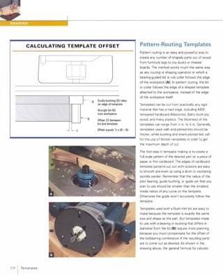 C A L C U LATI N G T E M P LAT E O F FS ET
U I I
. I
�B
170 Te m p l ates
/
G G uide bushing (G) rides
on edge of template.
Straight bit (B)cuts workpiece.
Offset (0) between
bit and template
Offset equals 1/2 x(G - B).
Pattern-Routing Templates
Pattern routing is an easy and powerful way to
create any number of shapely parts out of wood,
from furniture legs to toy ducks or cheese
boards. The method works much the same way
as any routing or shaping operation in which a
bearing-guided bit or rub collar follows the edge
of the workpiece (A). In pattern routing, the bit
or collar follows the edge of a shaped template
attached to the workpiece, instead of the edge
of the workpiece itself.
Templates can be cut from practically any rigid
material that has a hard edge, including MDF,
tempered hardboard (Masonite), Baltic birch ply­
wood, and many plastics. The thickness of the
templates can range from Y. in. to % in. Generally,
templates used with end-piloted bits should be
thicker, while bushing and shank-piloted bits call
for the use of thinner templates in order to get
the maximum depth of cut.
The first step in template making is to create a
full-scale pattern of the desired part on a piece of
paper or thin cardboard. The edges of cardboard
template patterns cut out with scissors are easy
to smooth and even up using a drum or oscillating­
spindle sander. Remember that the radius of the
pilot bearing, guide bushing, or guide pin that you
plan to use should be smaller than the smallest
inside radius of any curve on the template.
Otherwise the guide won't accurately follow the
template.
Templates used with a flush-trim bit are easy to
make because the template is exactly the same
size and shape as the part. But templates made
to use with a bearing or bushing that differs in
diameter from the bit (8)require more planning,
because you must compensate for the offset of
the bit/bearing combination if the resulting parts
are to come out as desired. As shown in the
drawing above, the general formula for calculat-
 