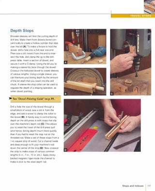 Depth Stops
Wooden sleeves will limit the cutting depth of
drill bits. Make them from dowels bored con­
centrically to create a hollow cylinder that slips
over the bit (A). To make a fixture to hold the
dowel, drill a hole into a 2x4 near one end.
Then saw a slit inward from the end to inter­
sect the hole, and clamp the jig to the drill­
press table. Insert a section of dowel, and
secure it with a C-clamp. Using the bit you're
making a sleeve for, bore through the dowel.
Crosscut the hollowed dowel to create sleeves
of various lengths. Using a single sleeve, you
can fine-tune your boring depth by the amount
of the bit shaft that you insert into the drill
chuck. A sleeve-like stop collar can be used to
regulate the depth of a shaping operation, as
when dowel pointing.
� See "Dowel-Pointing Guide" onp.89.
Drill a hole the size of the dowel through a
small block of wood, saw a slit in from the
edge, and add a screw to clamp the collar to
the dowel (B).A handy way to control boring
depth on the drill press is with stops that slip
over the machine's depth rod (e).This allows
you to reset the travel of the drill press quill
(and hence, boring depth) much more quickly
than if you had to reset the stop nut on the
threaded rod. Make a set of these stops from a
1 -in.-square strip of wood. Cut a channel (wide
and deep enough to fit your machine's rod)
down the center of the strip (D). Now crosscut
the strip to make stops of various common
lengths (� in., 1 in., 1 � in. etc.) Apply sticky­
backed magnetic tape inside the channel to
make it stick to the steel depth rod.
Sto ps a n d I n d exes 1 197
 