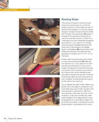 200 Sto ps a n d I n dexes
Routing Stops
There are lots of reasons to stop the forward
motion of a router during a cut-to limit the
length of a groove, to stop a rabbet cut short of
the end of the workpiece, or to prevent shaping
the part of an edge that must mate with another
part. The basic router stop shown (A) clamps to
the edge of the workpiece and stops the cut
when the router base contacts it. Install a T-nut
in the bottom and rout a slotted hole through the
top of each 2-in. x 4-in. piece of Y.1-in.-thick ply­
wood to accept the threaded handscrews that
clamp them to the workpiece. Cut stepped
blocks on the tablesaw (B)and glue these to the
slotted half of the stop. This makes the stop
adjustable for clamping onto Y.1-in.-, %-in.- or 1 -in.­
thick stock.
Another useful router stop setup uses a length
of T-track and two sliding stops (e).Make the
two stops from 2-in. x 6-in. pieces of Y.1-in .-thick
plywood, each drilled with a )4-in.-dia. hole to
accept a hex-head bolt and hand knob that locks
it to the track. Glue on a spacer (cut as thick as
the T-track) to shim up the underside of each
stop where it extends over the work. To use this
router-stop jig, clamp the track to the top of the
work, and adjust the distance between stops to
set the length of the router's cut.
You can regulate the length of slots, rabbets, and
profiles cut into the edges of workpieces on the
router table using a pair of stops mounted on the
fence (as shown in photo B on p. 1 98). But a
cam-stop setup, which eases the cutter into the
workpiece in a slow and controlled way, yields
cleaner stopped cuts for edge profiles or joinery,
using large bits on a router table or shapero This
jig consists of two parts: an auxiliary fence with a
beveled stop pin mounted above the bit. and a
 