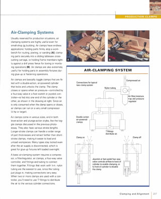 Air-Clamping Systems
Usually reserved for production situations, air
clamping systems are highly useful even for
small-shop jig building. Air clamps have endless
applications: holding parts firmly atop a work­
bench for routing, planing, or sanding (A); clamp­
ing parts securely into a sliding tablesaw cross­
cutting carriage, or holding frame members tight­
ly against a drill press fence for boring or mortis­
ing operations (8). Air clamps are also extremely
useful for holding parts in assembly fixtures dur­
ing glue-up or fastening operations.
Air clamps are basically toggle clamps that are fit­
ted with a double-action, air-powered cylinder
that locks and unlocks the clamp. The clamp
closes or opens when air pressure-controlled by
a four-way valve in a foot switch or joystick con­
troller-is fed into one end of the cylinder or the
other, as shown in the drawing at right. Since air
is only consumed when the clamp opens or closes,
air clamps can run on a very small compressor
(Y.; hp or larger).
Air clamps come in various sizes, and in both
lever-action and plunge-action styles, like the tog­
gle clamps discussed in the previous photo­
essay. They also have various stroke lengths:
Longer-stroke clamps can handle a wider range
of part thicknesses and retract farther than short­
stroke clamps, making it easier to load and
unload workpieces. Many types stay locked even
after the air supply is disconnected, which is
great for glue-up fixtures left loaded overnight.
A basic air-clamping system requires a compres­
sor, a filter/regulator, air clamps, a four-way valve
controller, and fittings and tubing to connect
them together. Fittings that work with X-in. nylon
tubing are the easiest to use, since the tubing
just plugs in, making connections very easy.
When two or more clamps are used with a con­
troller, you'll need to use T fittings to distribute
the air to the various cylinder connections.
••••
A I R · C LA M P I N G SYST E M
Connections for typical
two-clamp system
Double-action
air-powered
clamps
Clamp on ) t
Nylon tubing
Tfittings
distribute air.
Joystick or foot-pedal four-way
valve controls airflow to back of
cylinder to enable clamping, or
to front of cylinder to disable
the clamp.
Compressed air
Air filter/moisture
trap and pressure
regulator
, t Clamp off
C l a m p i n g a n d A l i g n m e nt 1217
 