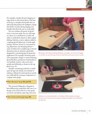 For example, consider the part-shaping car­
riage shown in the bottom photo. The base
of the jig is a template that guides the cut,
with stops that position the workpiece, clamps
that hold it securely during shaping, and
handles that allow the user to work safely.
You can combine all manner ofjig fea­
tures to suit your needs. You can add stops
to a fence on a cutoffdevice, or add a tilt
table to a hold-down fIxture to allow angled
drilling. Likewise, a micro-adjuster added to
a tapering jig will allow you to tweak angle
settings. Sections 10 and 11 cover position­
ing, adjustment, and clamping devices­
many ofwhich aren't complete jigs or fIxtures
themselves, but are elements specifIcally
designed for customizing jigs for particular Most jigs, like these sliding tablesaw carriages, can be built bigger
applications. For example, mounting quick- or smaller to suit the size of your machines and scale of your work.
action pneumatic clamps to a parts-trimming
jig would allow a production woodworker to
cut hundreds of parts a day much more
quickly and effIciently, as shown in the top
photo on p. 14.
Another customizing method is to build
upon the jigs you already own. Instead of
making a tablesaw box joint jig from scratch,
you could add the necessary components to
a regular miter gauge.
� See "BoxJoints" on p.101 and 178.
The universal sliding jig is designed to
have different jig components bolt onto it so
the jig can be used to bevel or raise panels,
cut tenons and splines, taper legs, and more.
� See "Universal FenceJig" on p.104.
Adding a curved template to the base of this shaper carriage
allows you to customize the jig to shape the edge of a workpiece
as desired.
Functionand Design 13
 