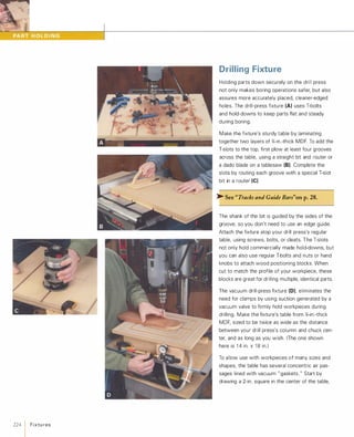 224 1 Fixtu res
Drilling Fixture
Holding parts down securely on the drill press
not only makes boring operations safer, but also
assures more accurately placed, cleaner-edged
holes. The drill-press fixture (A) uses T-bolts
and hold-downs to keep parts flat and steady
during boring.
Make the fixture's sturdy table by laminating
together two layers of %-in.-thick MDF. To add the
T-slots to the top, first plow at least four grooves
across the table, using a straight bit and router or
a dado blade on a tablesaw (B).Complete the
slots by routing each groove with a special T-slot
bit in a router (e)� See "Tracks and Guide Bars"on p.28.
The shank of the bit is guided by the sides of the
groove, so you don't need to use an edge guide.
Attach the fixture atop your drill press's regular
table, using screws, bolts, or cleats. The T-slots
not only hold commercially made hold-downs, but
you can also use regular T-bolts and nuts or hand
knobs to attach wood positioning blocks. When
cut to match the profile of your workpiece, these
blocks are great for drilling multiple, identical parts.
The vacuum drill-press fixture (D), eliminates the
need for clamps by using suction generated by a
vacuum valve to firmly hold workpieces during
drilling. Make the fixture's table from %-in.-thick
MDF, sized to be twice as wide as the distance
between your drill press's column and chuck cen­
ter, and as long as you wish. (The one shown
here is 1 4 in. x 1 8 in.)
To allow use with workpieces of many sizes and
shapes, the table has several concentric air pas­
sages lined with vacuum "gaskets . " Start by
drawing a 2-in. square in the center of the table,
 
