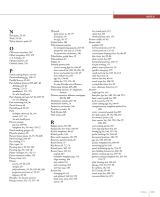 NNail guns, 23-24
Nails, 23-24
Nylon abrasive pads, 43
oOff-center mortises, 162
Offset templates, 170, 171
1-2-3 blocks, 35
Opaque plastics, 20
Outfeed tables, 130
pPanel-cutting fences, 142-43
Panel-hollowing jig, 154-55
Parallel fences, 65-69
Part holding fIxtures, 219, 221-25
drilling, 224-25
routing, 222-23
workbench, 219, 221
See also Small parts
Part-shaping carriage, 12-13, 110-11
See also Shaping
Part-trimming sled, 96
Partial fences, 64
Particleboard, 17, 18
Parts
multiple identical, 56, 191
round, 102, 1 1 1
See also Small parts
Pattern routing
jigs for, 159-60
templates for, 167-69, 170-72
Pencil marking gauges, 49
Phenolic plastics, 20
Picture frame joints, 64, 77, 93, 228
Pilot bearings, 168-69
Pin routing, 175
Pins, taper, 26
Pivoting fence, 81-82, 196
Pivoting jigs, 91, 116-20
Planer carriages, 91, 1 12-13
Planer extension tables, 129
Planes, hand, 165
Plastics
acrylic, 19-20, 244
opaque, 20
polycarbonate, 19-20, 243-44, 246
properties and uses of, 19-22
slippery, 20-22
Plexiglas. See Acrylic plastics
Plunge routers, 152-53, 157-58
Plywood
dado joints in, 38-39
European, 39
for jigs, 16-17
Pocket holes, 184
Polycarbonate plastics
for integrated jig guards, 243-44
properties and uses of, 19-20
for protective enclosures, 246
Polyethylene guide bars, 31
Polyurethane, 43
Poplar, 16
Portable power tools
circle-cutting jigs for, 146-47
dust control for, 249-50, 256-59
fences and guides for, 141-49
hose tethers for, 259
jigs for, 139-66
tables for, 121, 131-38
See also Circular saws; Routers
Positioning blocks, 205, 206
Positioning devices. See alignment
devices
Pressure-sensitive adhesive sandpaper,
22, 78, 209
Production clamps, 216-18
Production screws, 24
Protective enclosures, 246
Punches, transfer, 36
Push blocks, 126
Push sticks, 236
RRabbet joints, 38, 150
Radial arm saw stops, 192-93
Radius templates, 46-47
Railed guides, 144
Rare-earth magnets, 32, 199
Reamers, tapered spiral, 26
Resaw fence, 75
Rip fence, 65, 72, 74
Round parts, 102, 1 1 1
Router bases, 161-64
angled, 163
baseplate template jigs, 174
edge-routing, 164
four-sided, 161
self-centering, 162
sub-base jigs, 140
Router bits
changing, 61-62
end-piloted, 168-69, 170
flush-trim style, 169, 170
metric, 39
for round parts, 1 1 1
safety for, 245
shank-piloted, 169, 170
Router cradle, 61-62
Router table
angled, 125
for biscuit joints, 133-34
construction of, 131-32
curved-part shaping fence for, 86-87
disc fence for, 83-84
dust control for, 249
horizontal position, 136-37
for pin routing, 175
plastic insert plates for, 19
quickie clamping, 135
small parts jig for, 1 10-11, 114
split fence for, 76
torsion box for, 40-41
travel stops for, 198-99
vertical disc fence for, 84
zero-clearance fence for, 73
Routers
angle jigs for, 163
baseplate jigs for, 140, 161-64, 174
basic router guide for, 150
for boxjoints, 178-79
circle-cutting jigs for, 146-47
complementary template method for,
180
cutter-mounted guards for, 245
for dado joints, 38-39, 150, 151
for dovetail joints, 150
dust control for, 249, 250, 256-57,
258, 259
end-routing jig for, 156
even-spacing fence for, 151
fluting jig for, 140, 157-58
guide bushings for, 168-69
horizontal position, 136-37
jigs for, 139, 150-60
joinery templates for, 168-69
mortising jig for, 140
panel-hollowing jig for, 154-55
part holding fIxtures for, 222-23
pattern routing jigs for, 159-60
pattern routing templates for, 167-69,
170-72
pilot bearings for, 168-69
plunge, 152-53, 157-58
for rabbets, 38, 150
for T-tracks, 39-40
travel stops for, 200-201
vacuum tables for, 223
I N D E X
I n d e x / 263
 