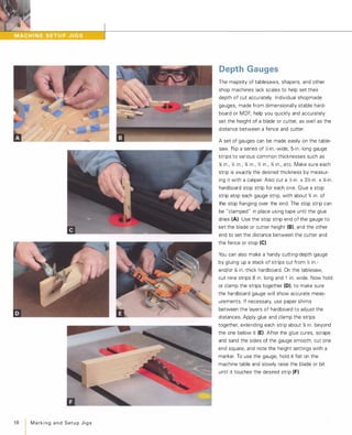 58 MarkingandSetupJigs
Depth Gauges
The majority of tablesaws, shapers, and other
shop machines lack scales to help set their
depth of cut accurately. Individual shopmade
gauges, made from dimensionally stable hard­
board or MDF, help you quickly and accurately
set the height of a blade or cutter, as well as the
distance between a fence and cutter.
A set of gauges can be made easily on the table­
saw. Rip a series of )I,-in.-wide, 5-in.-long gauge
strips to various common thicknesses such as
)(l in., Y. in., % in., )I, in., % in., etc. Make sure each
strip is exactlvthe desired thickness by measur­
ing it with a caliper. Also cut a )I,-in. x 3)1,-in. x )i-in.
hardboard stop strip for each one. Glue a stop
strip atop each gauge strip, with about % in. of
the stop hanging over the end. The stop strip can
be "clamped " in place using tape until the glue
dries (A). Use the stop strip end of the gauge to
set the blade or cutter height (BI. and the other
end to set the distance between the cutter and
the fence or stop (e)
You can also make a handy cutting-depth gauge
by gluing up a stack of strips cut from Y. in.­
and/or )(l in.-thick hardboard. On the tablesaw,
cut nine strips 8 in. long and 1 in. wide. Now hold
or clamp the strips together (D), to make sure
the hardboard gauge will show accurate meas­
urements. If necessary, use paper shims
between the layers of hardboard to adjust the
distances. Apply glue and clamp the strips
together, extending each strip about % in. beyond
the one below it (E) After the glue cures, scrape
and sand the sides of the gauge smooth, cut one
end square, and note the height settings with a
marker. To use the gauge, hold it flat on the
machine table and slowly raise the blade or bit
until it touches the desired strip (F).
 