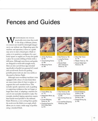 Fences and Guides
W
OODWORKERSUSEFENCESpractically every time they work
in the shop; a tablesaw, jointer,
or crosscut saw would be downright danger­
ous to use without one. Depending upon the
machine and operation, a fence or a guide
may serve to steer a board past a blade or
cutter, or to position a workpiece for a per­
fectly square or angled cut. It may also guide
a piece for accurate drilling of holes with a
drill press. Although most fences and guides
are designed to work with straight stock,
there are also curved-fence jigs intended
specifically to handle (you guessed it!) round
and curved work. Fences for guiding
portable power tools are also very useful, as
discussed in Section Eight.
Although most woodshop machines come
equipped with a fence of some kind, there
are many times when it's best to replace or
augment the tool's standard fence. This
includes specific operations such as guiding
or supporting workpieces that are longer or
larger than usual, or adapting a machine for
cuts it's not normally intended to make. For
example, standard ripping operations require
that boards travel parallel to the tablesaw
blade. However, a cove-cutting fence guides
the work over the blade at an angle, which
allows you to create a wide range of profiles
using a standard blade.
�UtilityRipFence(p.65)�Cove-CuttingFence(p.66)�MortisingFence(p.69)
�FrameMiterJig(p.77)�AdjustableMiterJig(p.78)�CrownMoldingFence(p.79)�PivotingFenceforDrill-PressTable(p.81)
�BoxFence(p.70)�LongRipFence(p.72)�RouterTableZero-ClearanceFence(p.73)
�DiscFence(p.83)�VerticalDiscFence(p.84)�Arc-CuttingFence(p.85)�Curved-PartShapingFences(p.86)
�ShortRipFence(p.74)�ResawFence(p.75)�RouterTableSplitFence(p.76)
�Dowel-SplittingGuide(p.88)�Dowel-PointingGuide(p.89)�Dowel-SizingJig(p.90)
63
 