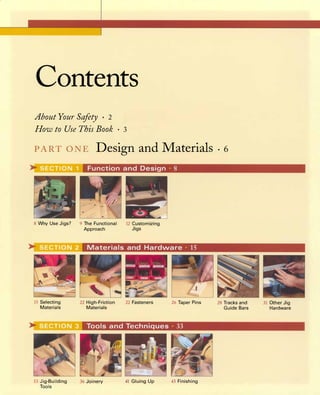Contents
About Your Safety · 2
How to UseThisBook.3
PARTONEDesignandMaterials.6Function and Design · 8
8 Why Use Jigs? 9 The Functional 12 Customizing
Approach Jigs
Materials and Hardware · 15
15 Selecting
Materials
33 Jig-Building
Tools
22 High-Friction
Materials
22 Fasteners 26 Taper Pins
Tools and Techniques · 33
36 Joinery 41 Gluing Up 43 Finishing
28 Tracks and
Guide Bars
31 Other Jig
Hardware
 