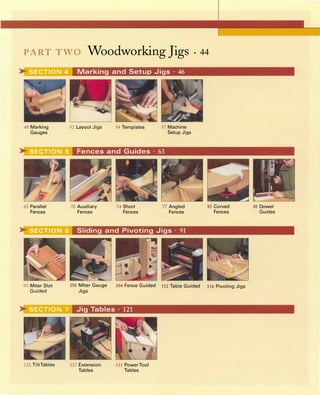 PARTTWOWoodworkingJigs.44
48 Marking
Gauges
65 Parallel
Fences
93 Miter Slot
Guided
122 TiltTables
Marking and Setup Jigs · 46
52 Layout Jigs 54 Templates 57 Machine
Setup Jigs
Fences and Guides · 63
70 Auxiliary
Fences
74 Short
Fences
77 Angled
Fences
Sliding and Pivoting Jigs · 91
83 Curved
Fences
101 Miter Gauge 104 Fence Guided 112 Table Guided 116 Pivoting Jigs
Jigs
Jig Tables · 121
127 Extension
Tables
131 PowerTool
Tables
88 Dowel
Guides
 