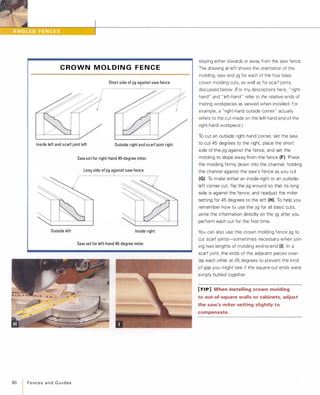C RO W N M O L D I N G F E N C E
Short side of jig against saw fence
Inside left and scarf joint left Outside right and scarf joint right
Outside left
80 FencesandGuides
Saw set for right-hand 45-degree miter.
Long side of jig against saw fence.
Inside right
Saw set for left-hand 45-degree miter.
sloping either towards or away from the saw fence.
The drawing at left shows the orientation of the
molding, saw and jig for each of the four basic
crown molding cuts, as well as for scarf joints,
discussed below. (For my descriptions here, " right­
hand" and " left-hand " refer to the relative ends of
mating workpieces as viewed when installed. For
example, a "right-hand outside corner" actually
refers to the cut made on the left-hand end of the
right-hand workpiece.)
To cut an outside right-hand corner, set the saw
to cut 45 degrees to the right, place the short
side of the jig against the fence, and set the
molding to slope away from the fence (F). Press
the molding firmly down into the channel, holding
the channel against the saw's fence as you cut
(G). To make either an inside-right or an outside­
left corner cut, flip the jig around so that its long
side is against the fence, and readjust the miter
setting for 45 degrees to the left (H). To help you
remember how to use the jig for all basic cuts,
write the information directly on the jig after you
perform each cut for the first time.
You can also use this crown molding fence jig to
cut scarf joints-sometimes necessary when join­
ing two lengths of molding end-to-end (I)In a
scarf joint, the ends of the adjacent pieces over­
lap each other at 45 degrees to prevent the kind
of gap you might see if the square-cut ends were
simply butted together.
[TI P] When installing crown molding
to out-of-square walls or cabinets, adjust
the saw's miter setting slightly to
compensate.
 